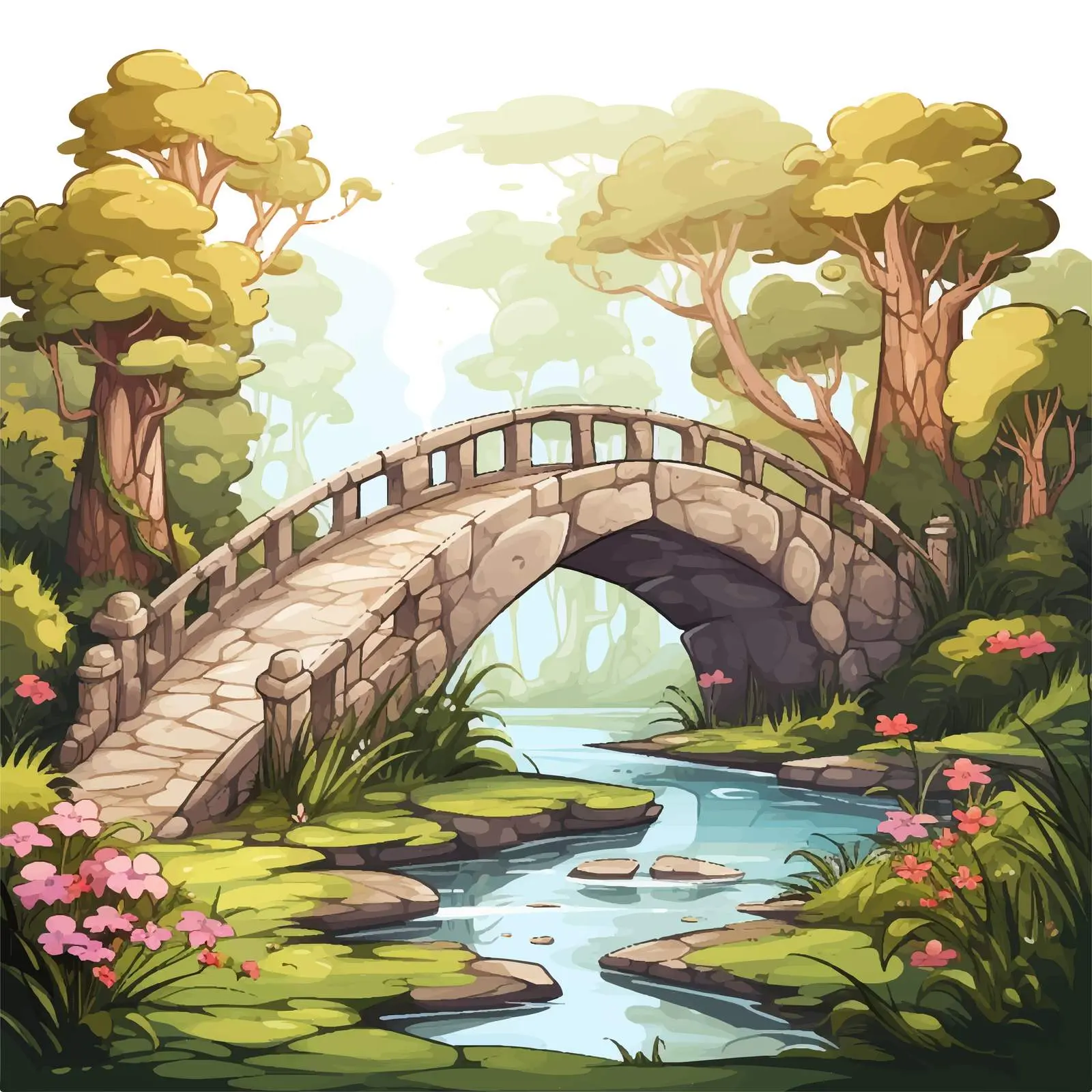 Enchanted Garden Scene with Stone Bridge Illustration – free stone bridge image from Dotvec