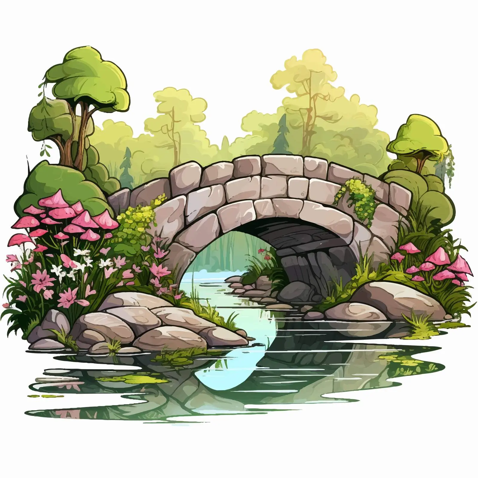 Enchanted Garden with Stone Bridge Illustration — free download from Dotvec