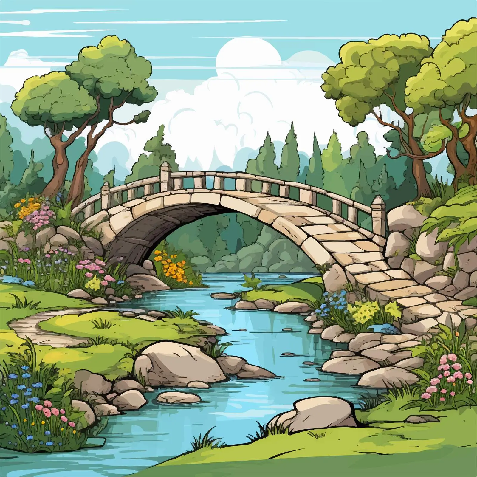 Enchanted Garden Scene with Stone Bridge Illustration – free stone bridge image from Dotvec