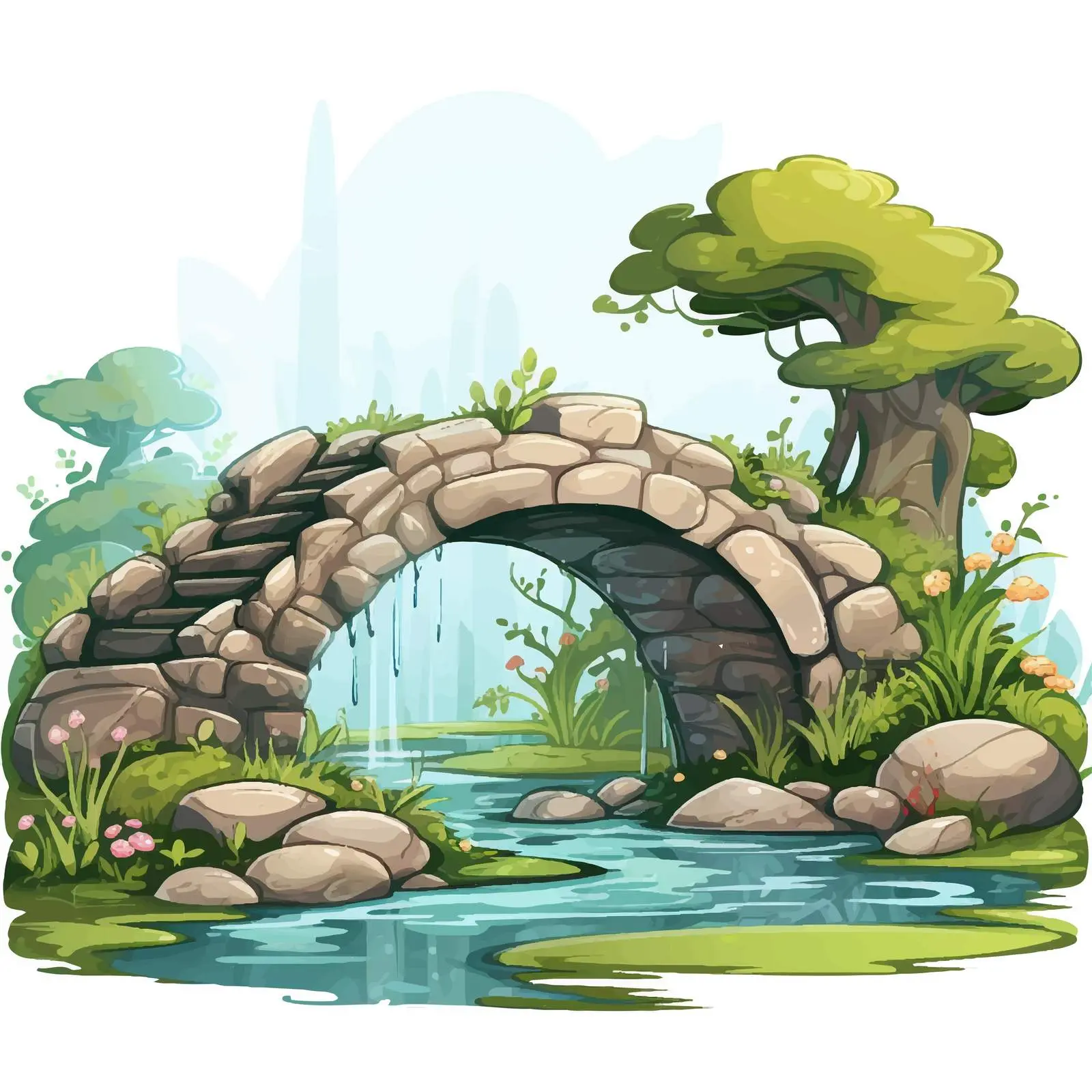 Enchanted Garden Scene with Stone Bridge Illustration – free stone bridge image from Dotvec