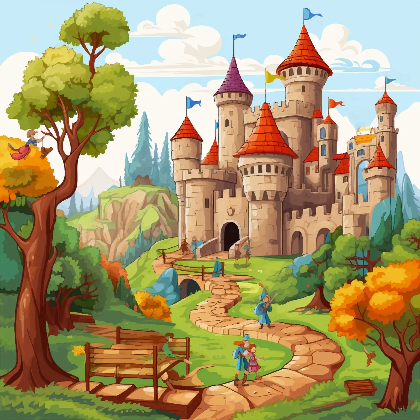 Medieval Cartoon Characters in Enchanted Scene — free download from Dotvec