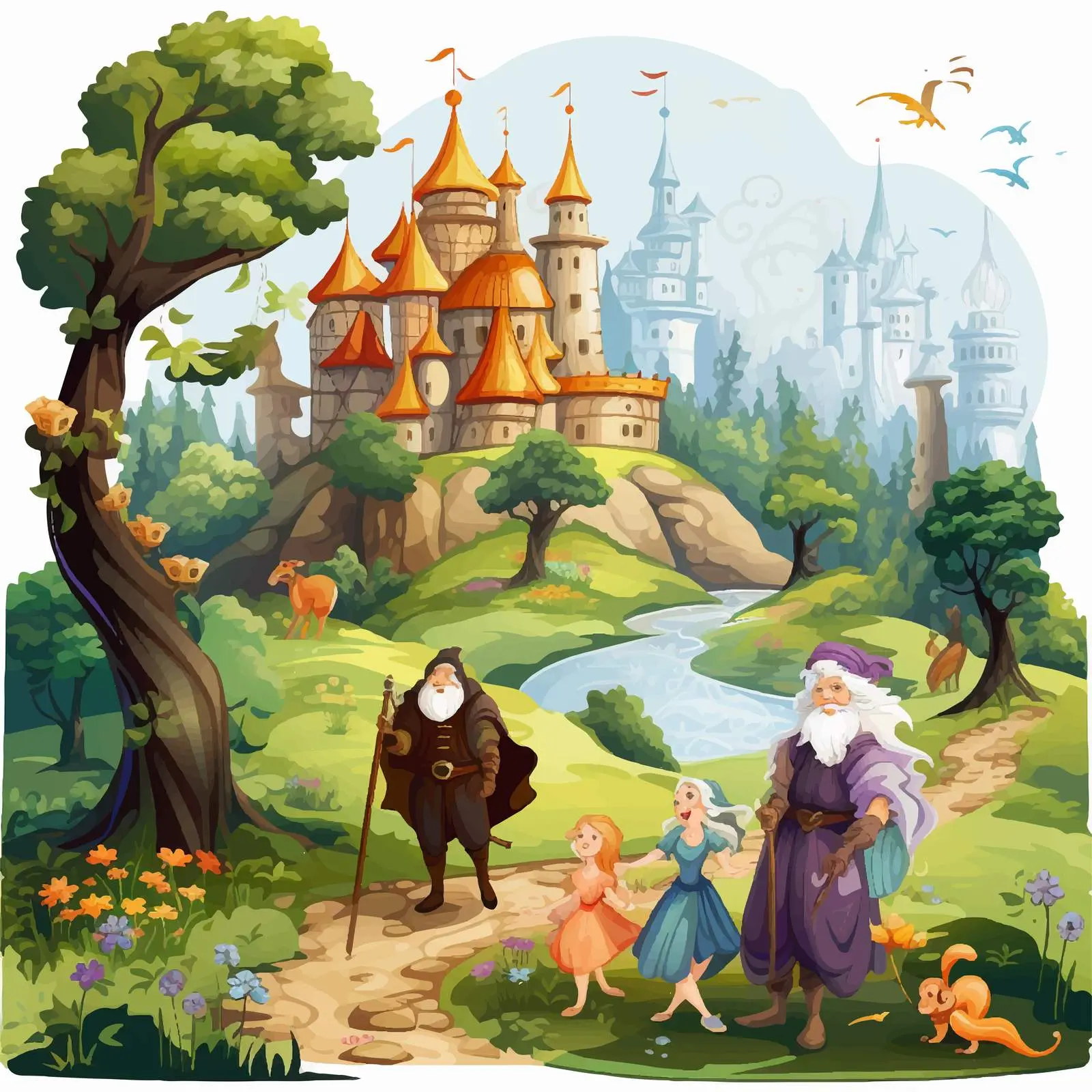 Medieval Cartoon Characters in Enchanted Scene — free download from Dotvec