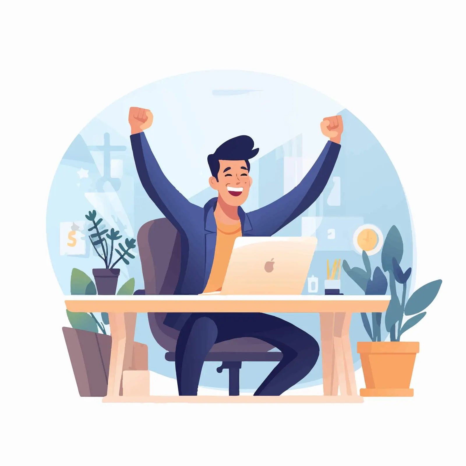 Happy Worker Ending Day with Computer – free technology in workplace image from Dotvec