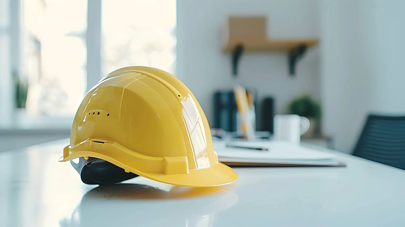 Engineer Safety Helmet on Office Desk — free download from Dotvec