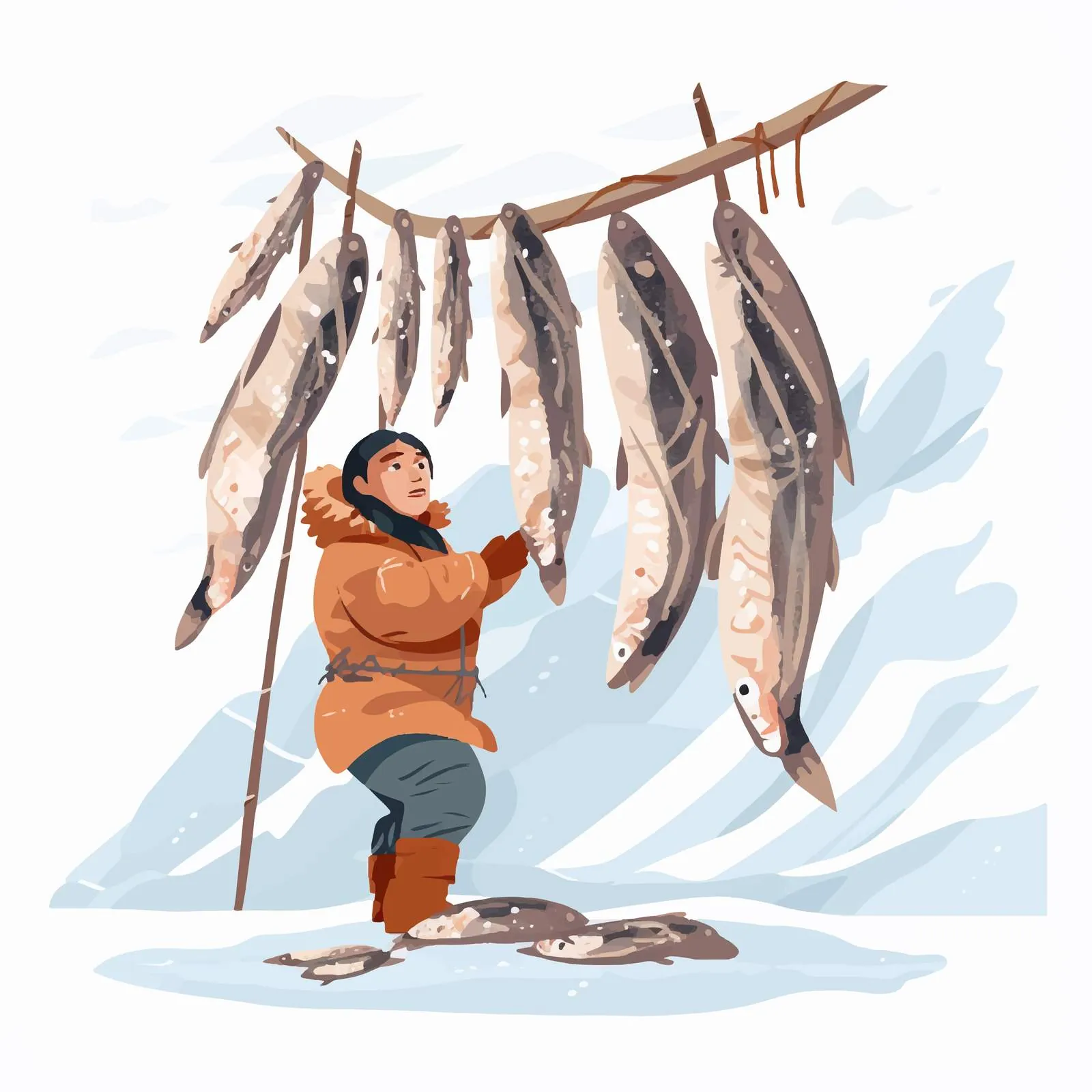 Eskimo Fisherman Drying Fish in Traditional Method — free download from Dotvec
