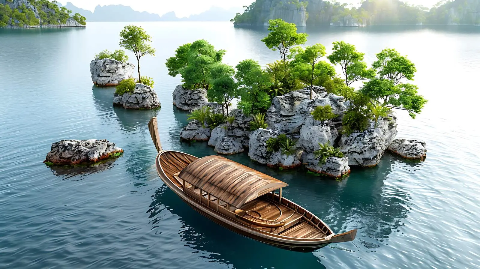 Exotic Wooden Boat Near Tropical Islands and Rocks – free scenery image from Dotvec
