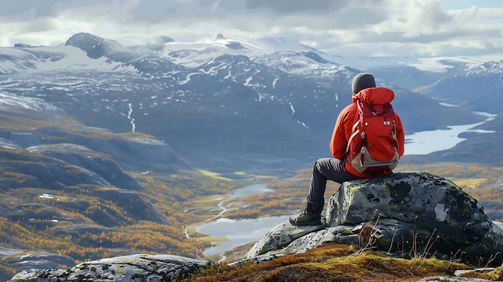 Adventurer enjoying mountain vista from Matind – free admiring image from Dotvec