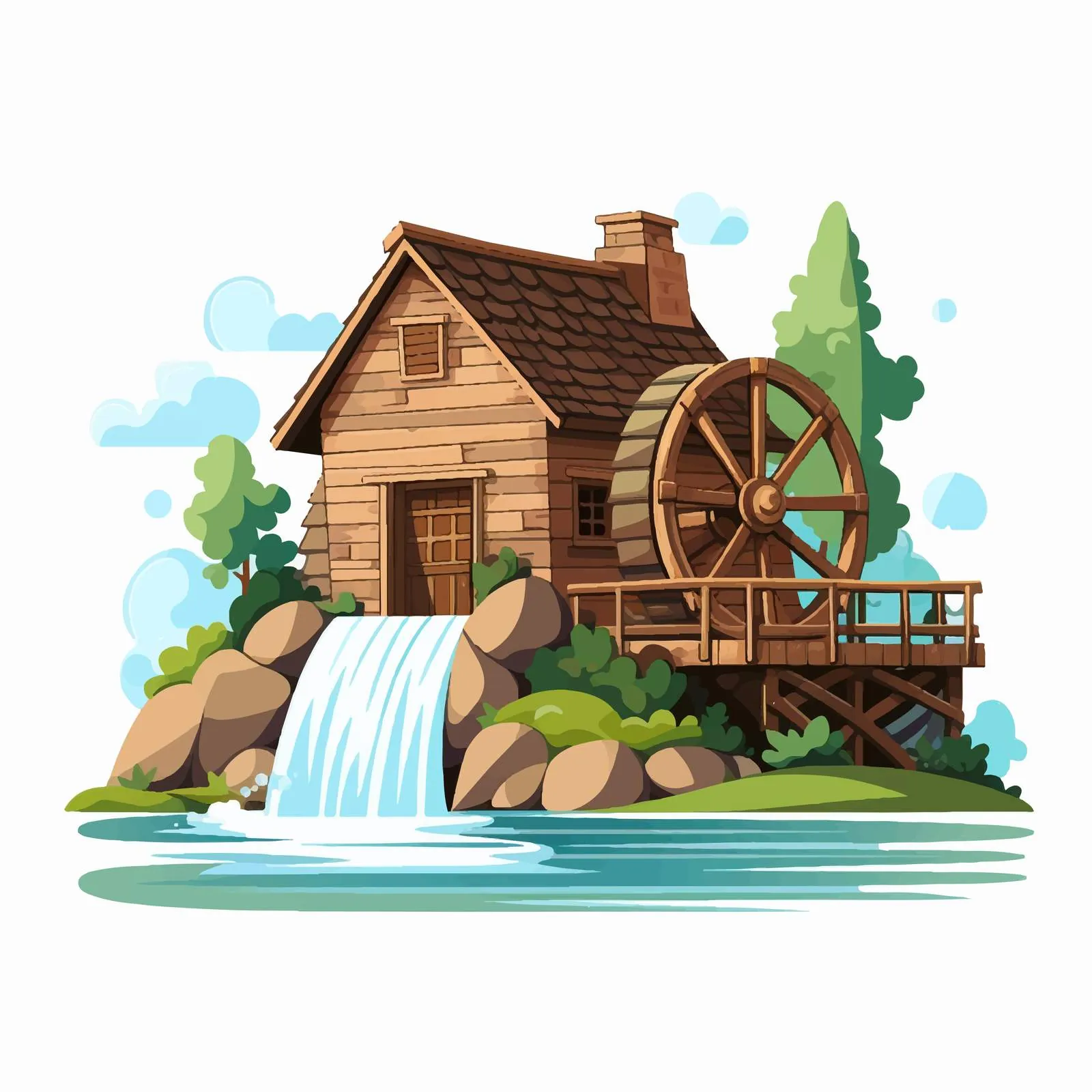 Watermill Exterior with Wheel on White Background — free download from Dotvec