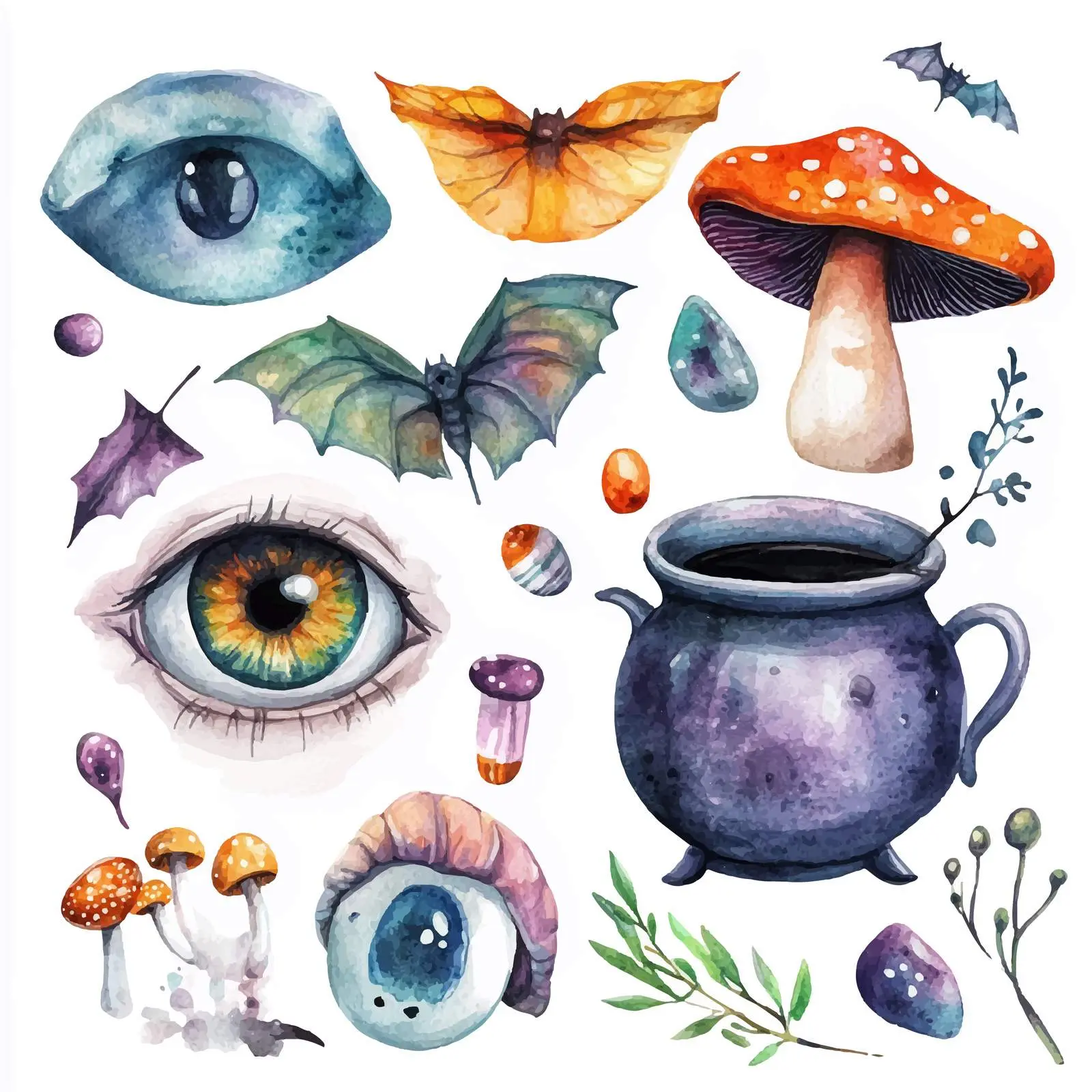 Whimsical Bat and Cauldron with Toadstool Art – free potion image from Dotvec