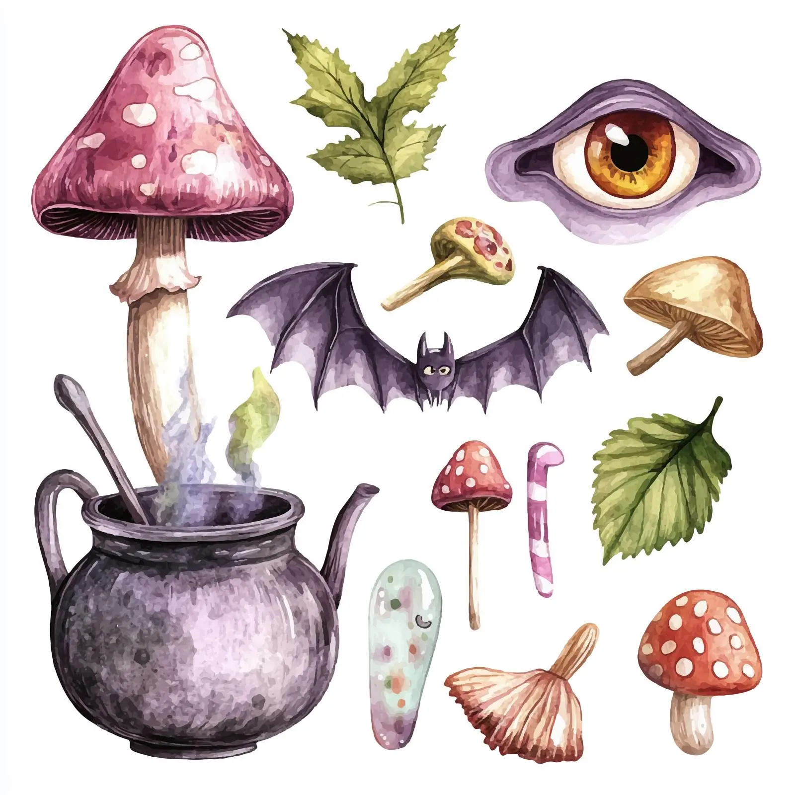 Whimsical Eye Mushrooms and Cauldron Design – free potion image from Dotvec