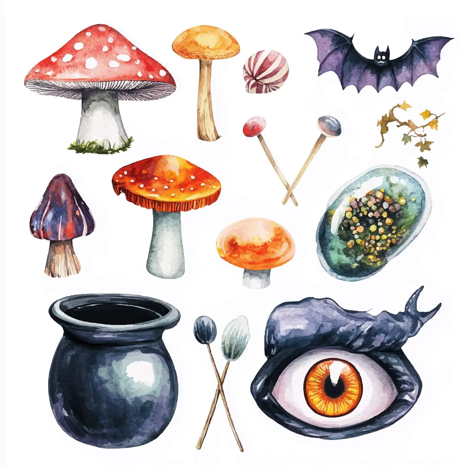 Whimsical Vectors of Magical Mushrooms and Cauldron – free fairytale image from Dotvec