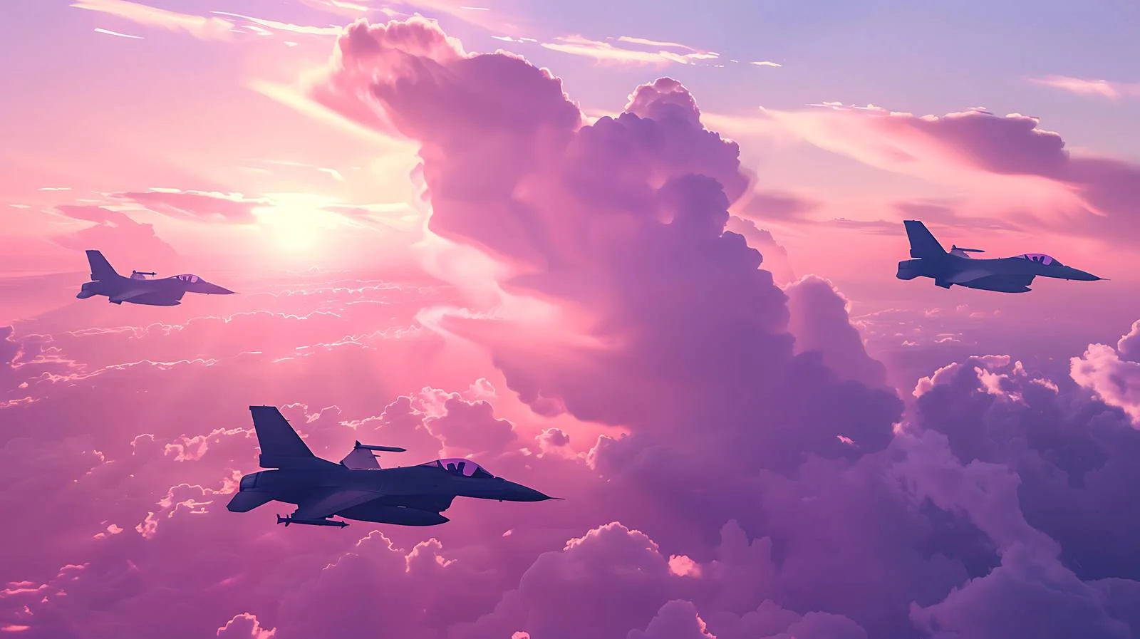 F-16 Fighting Falcon models soar to pink skies — free download from Dotvec