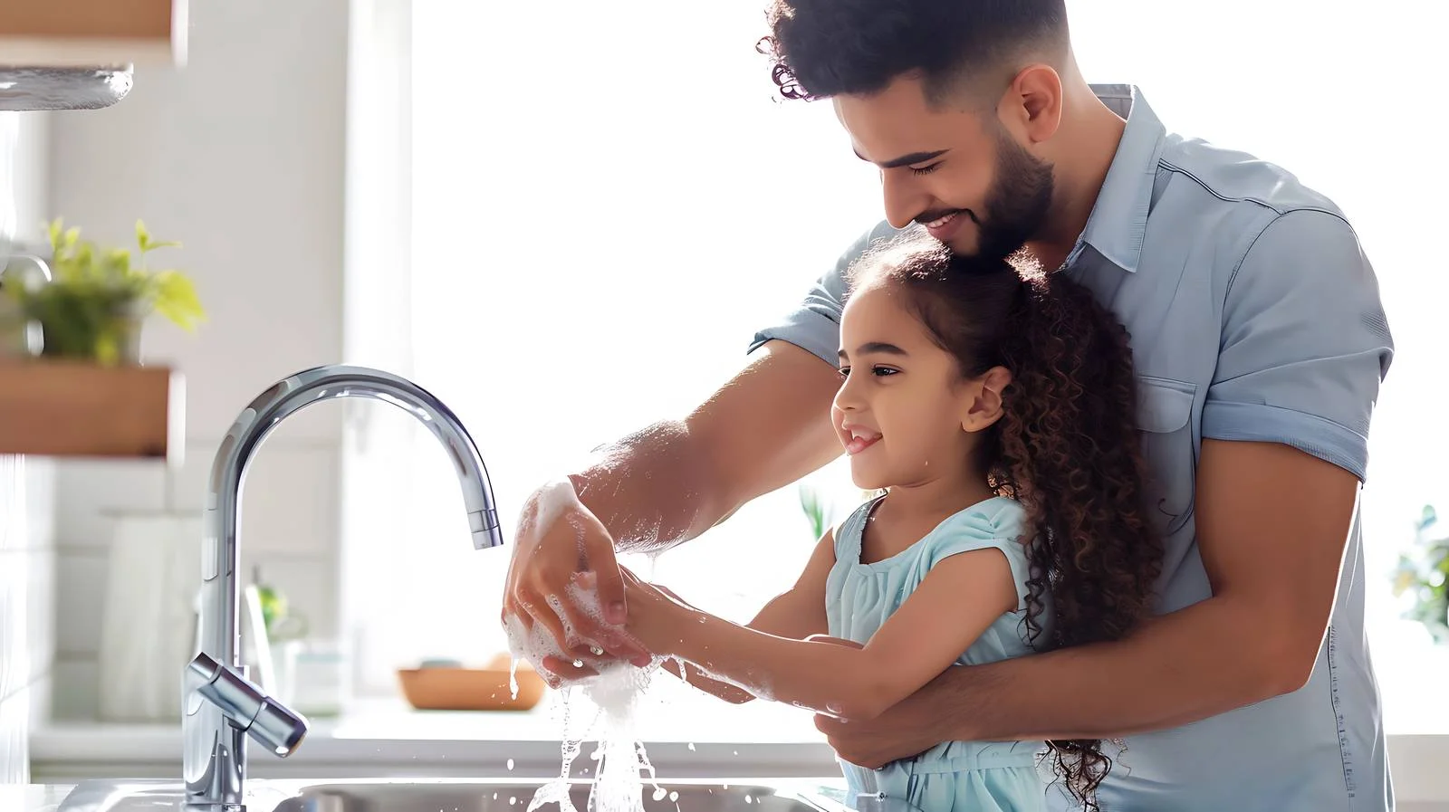 Father helping daughter wash hands — free download from Dotvec