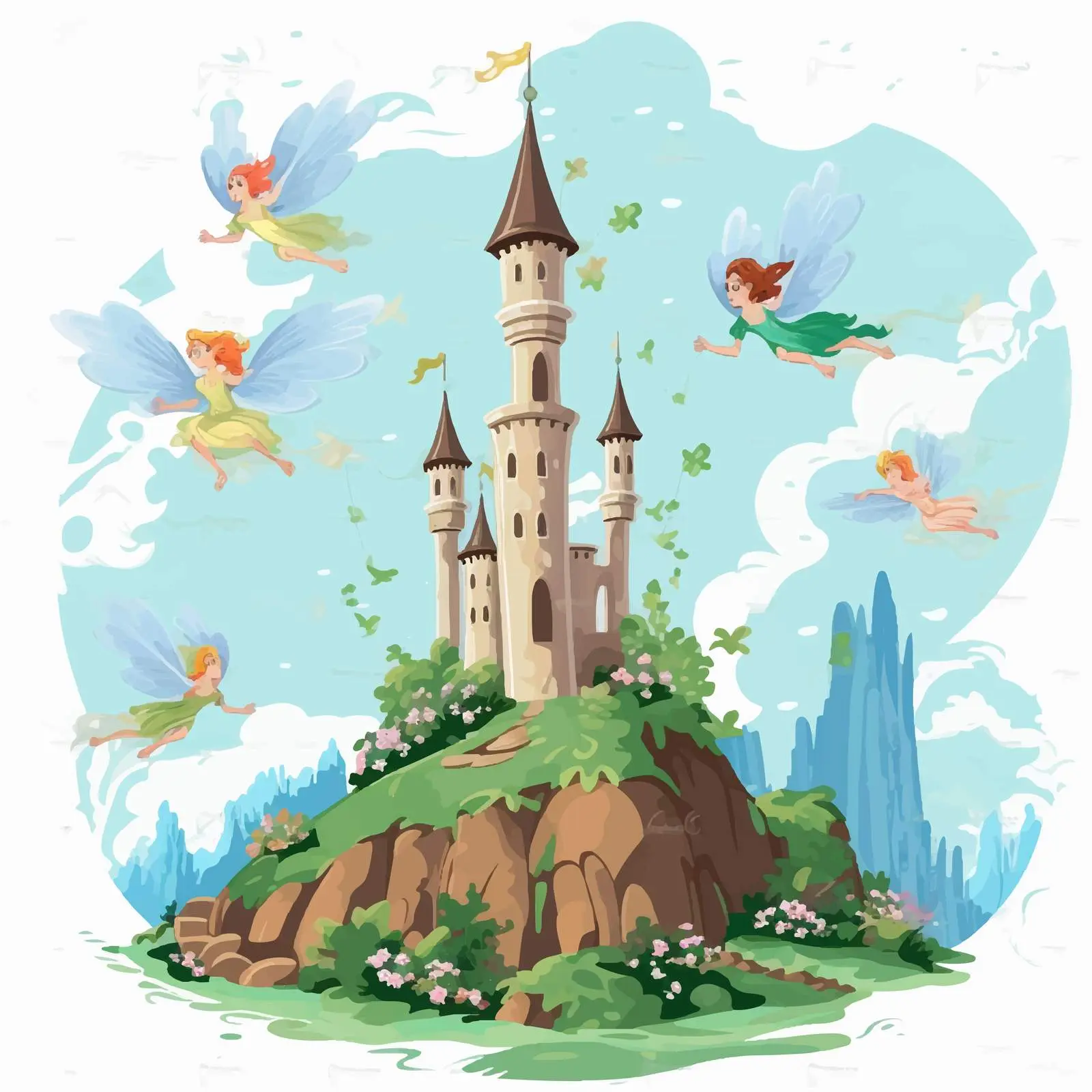 Fairies Flying Around Castle Tower Vector Art — free download from Dotvec