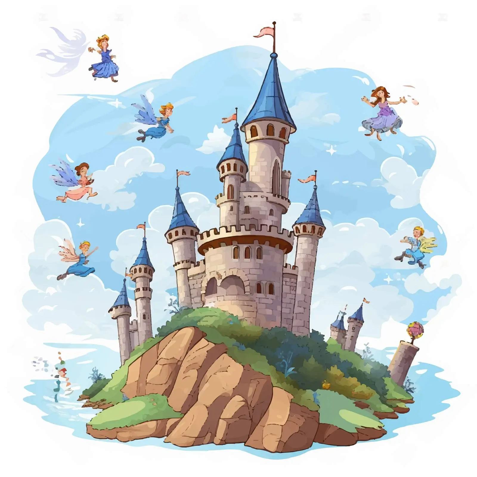 Fairies Flying Around Castle Tower Vector Art – free elfi image from Dotvec