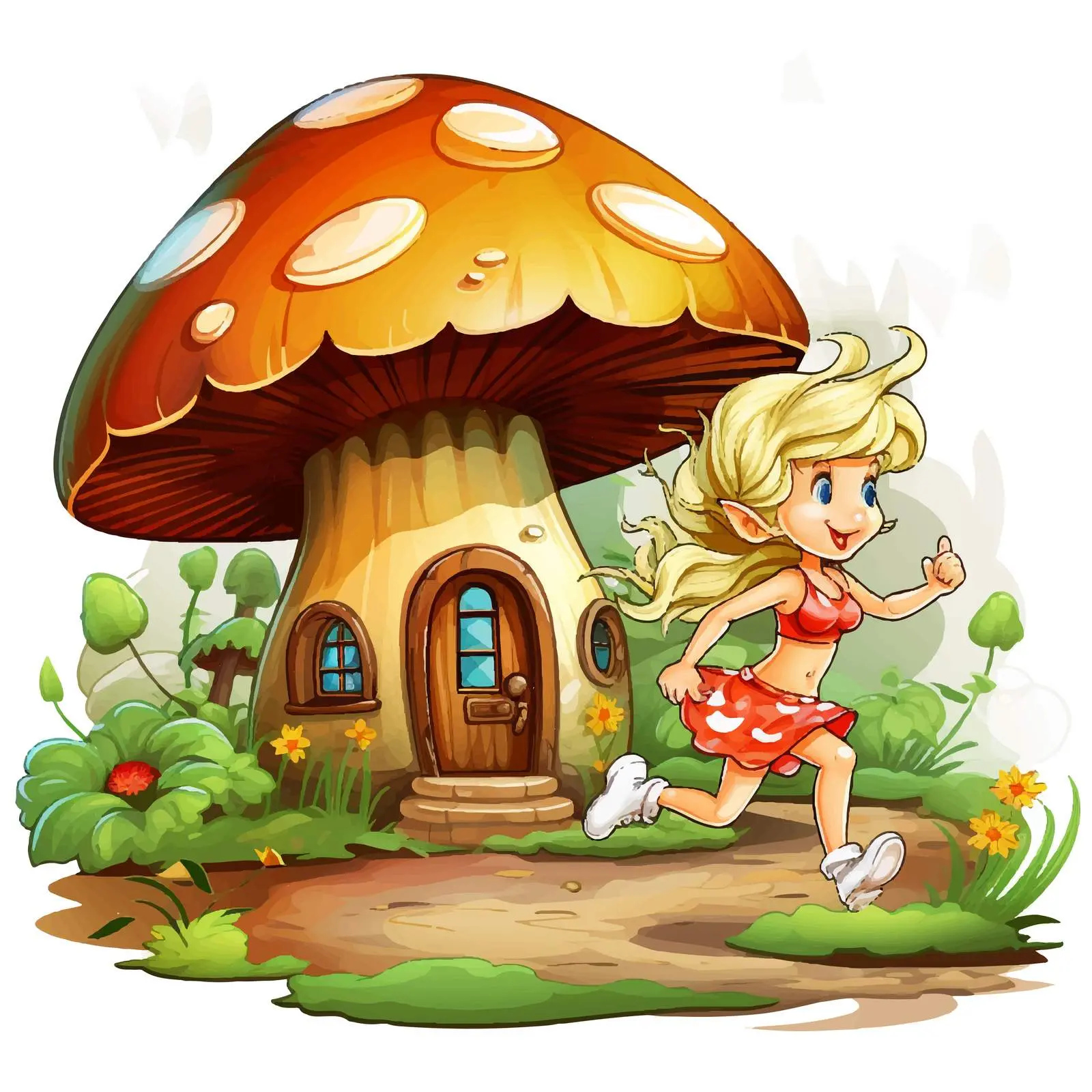 Fairy Running Near Mushroom House Vector Art — free download from Dotvec