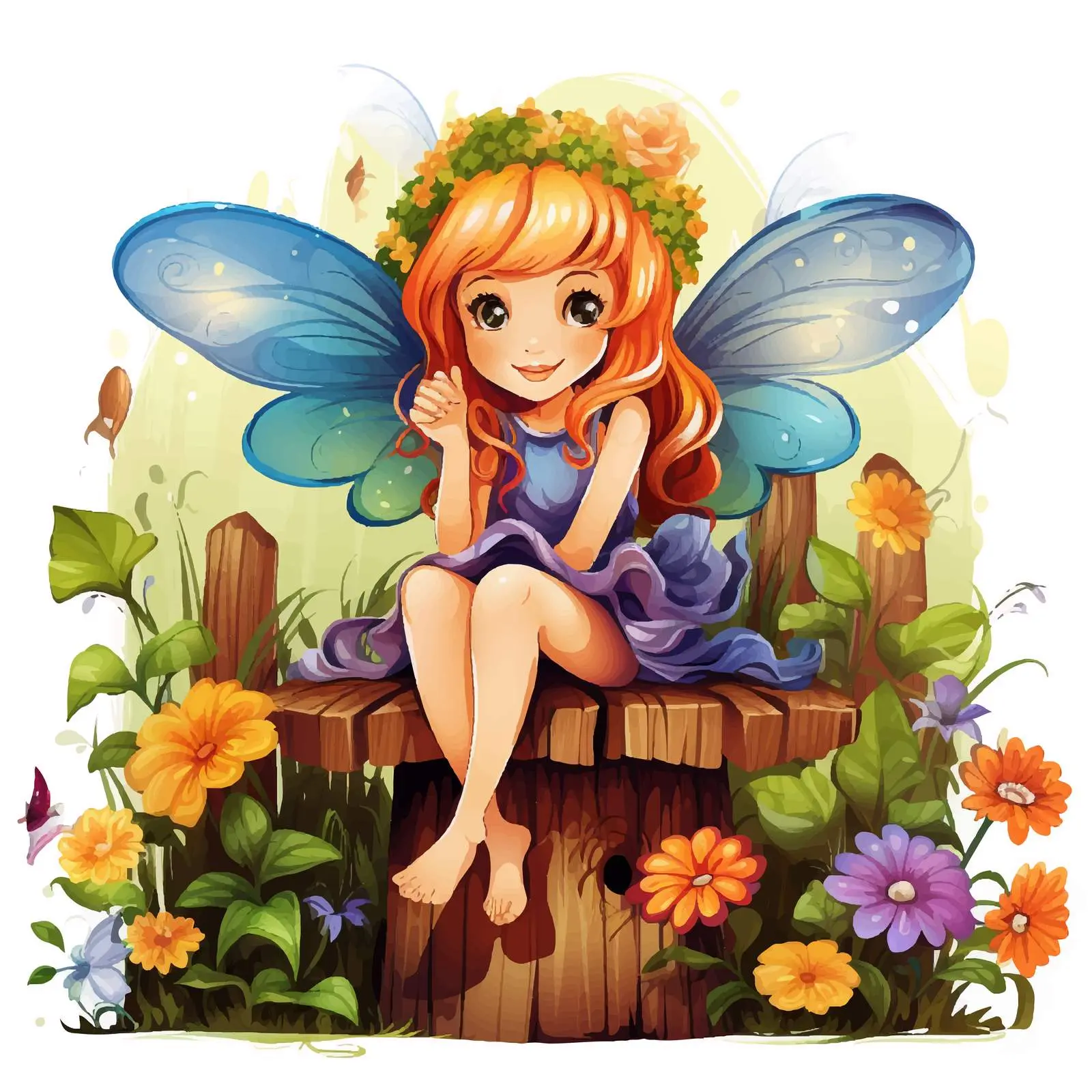 Fairy on Wooden Fence with Flowers Vector Art — free download from Dotvec