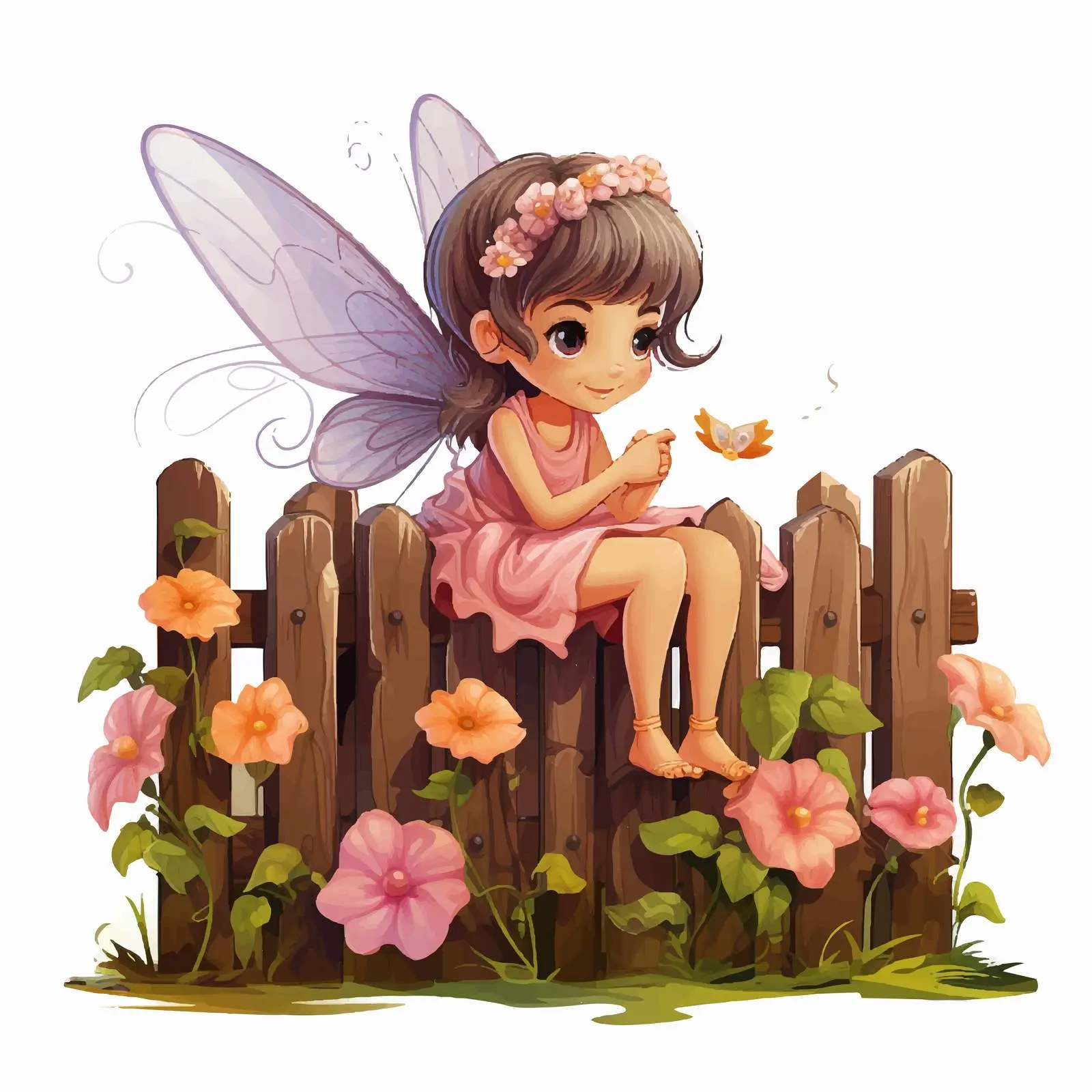 Fairy on Wooden Fence with Flowers Vector — free download from Dotvec