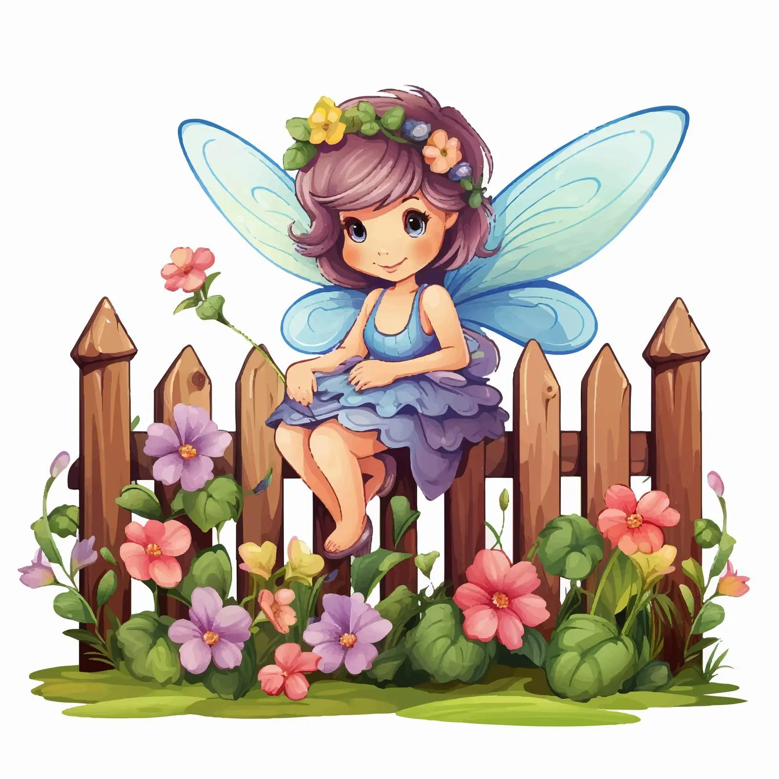 Fairy Sitting on Wooden Fence with Flowers — free download from Dotvec