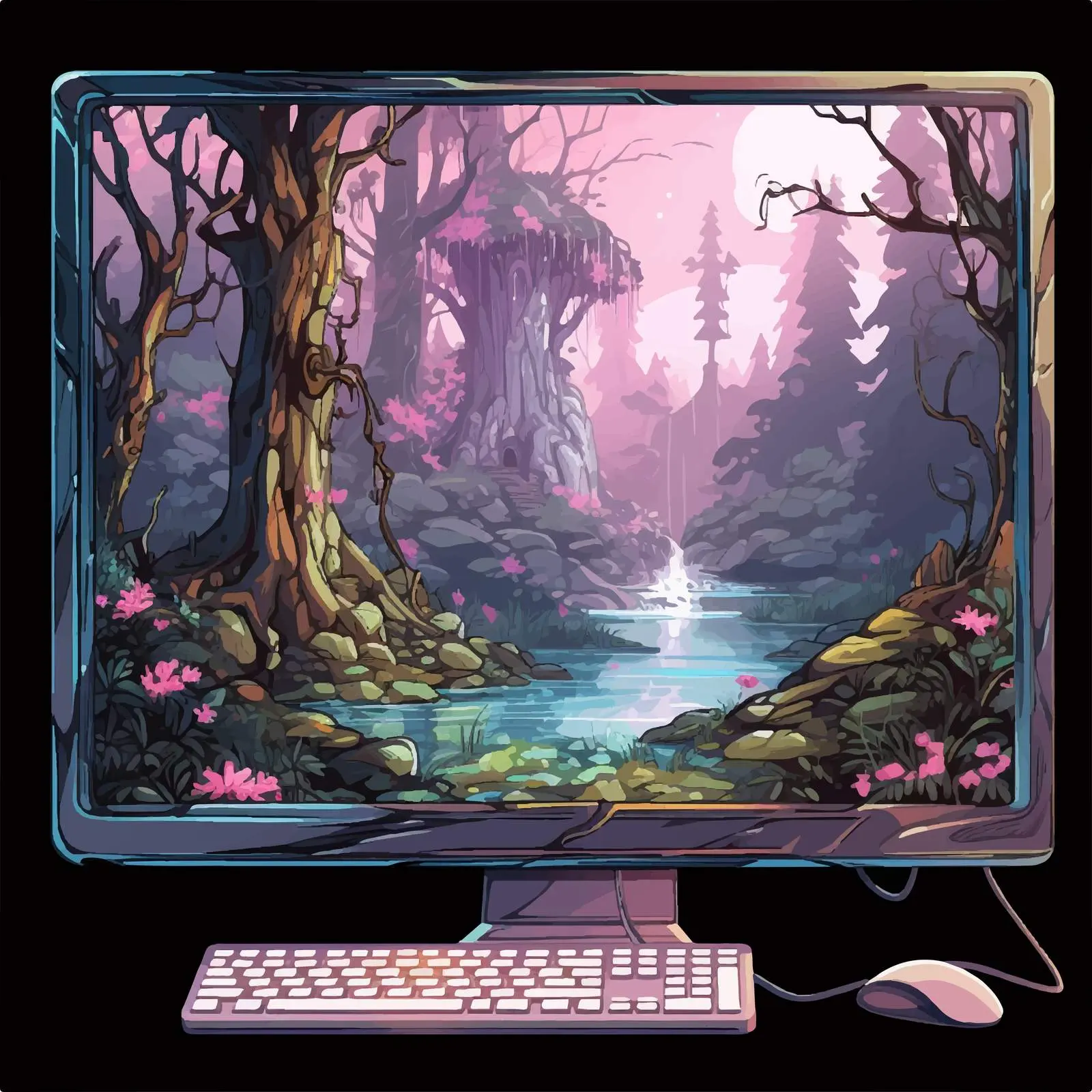 Whimsical Fairy Tale on Computer Screen Illustration — free download from Dotvec