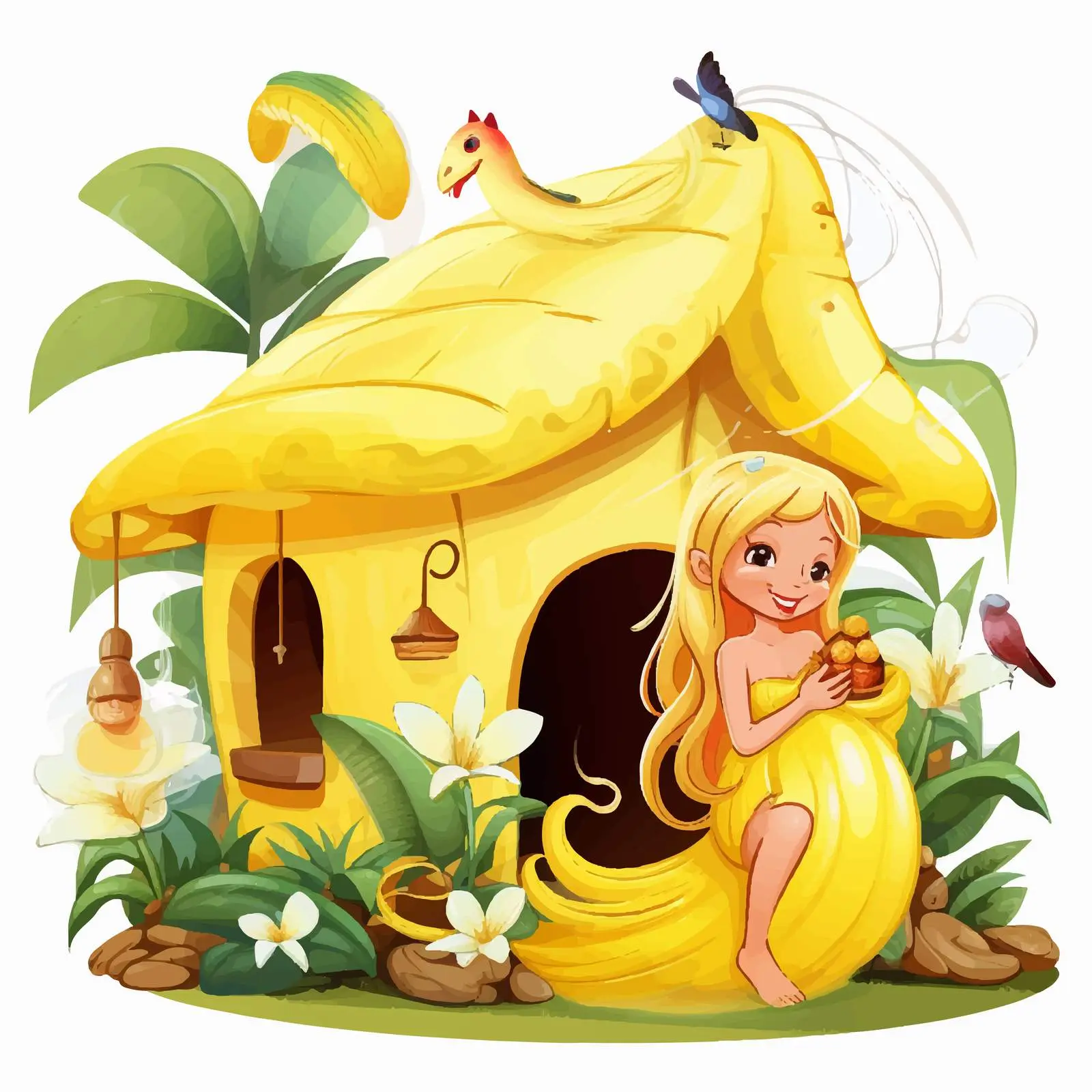 Fairy and Insects at Banana House Illustration — free download from Dotvec