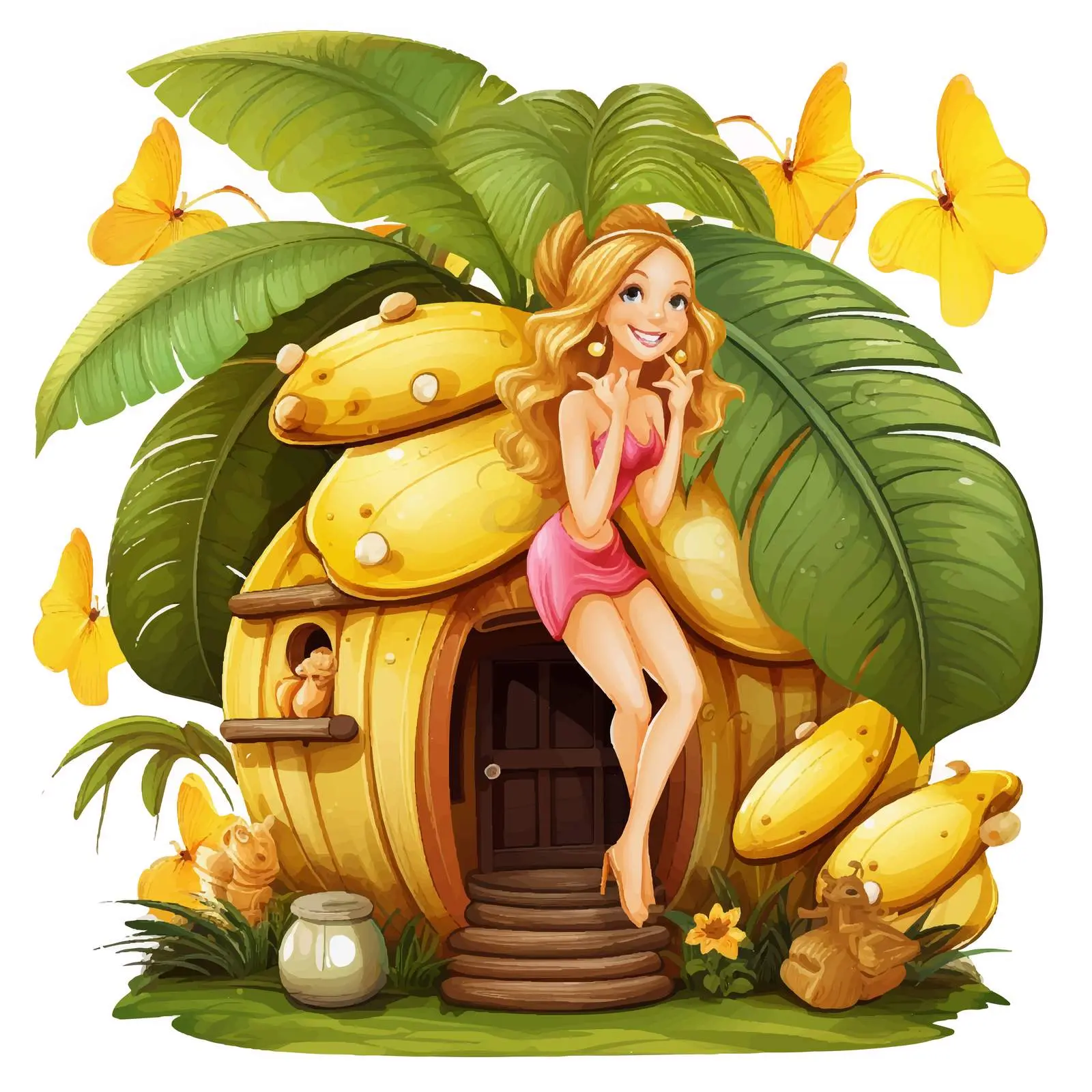Fairy and Insects at Banana House Illustration — free download from Dotvec