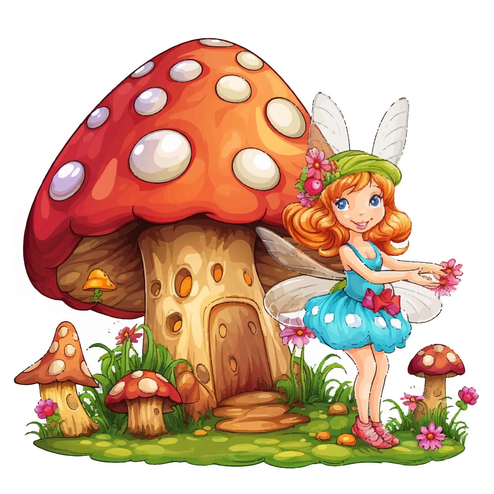 Fairy with Insects Near Mushroom House Vector — free download from Dotvec