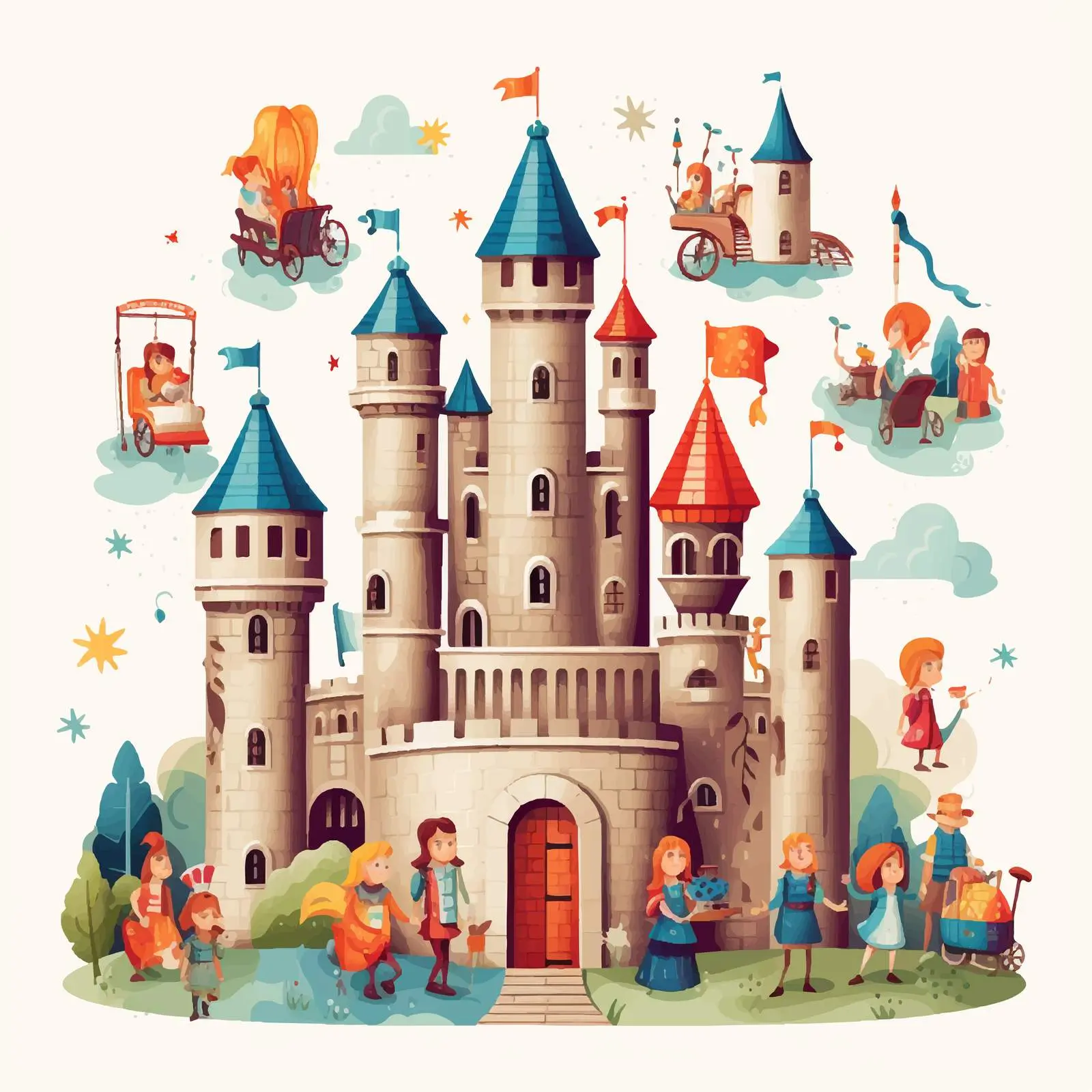 Fairytale Characters and Castle Building Illustration — free download from Dotvec