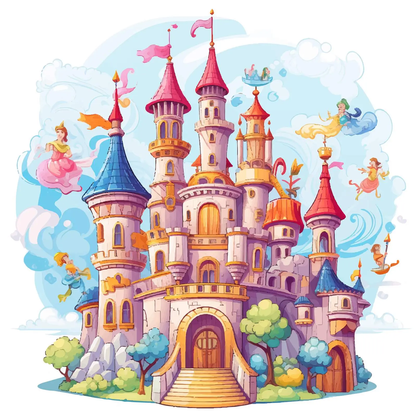 Fairytale Characters and Castle Building Illustration — free download from Dotvec