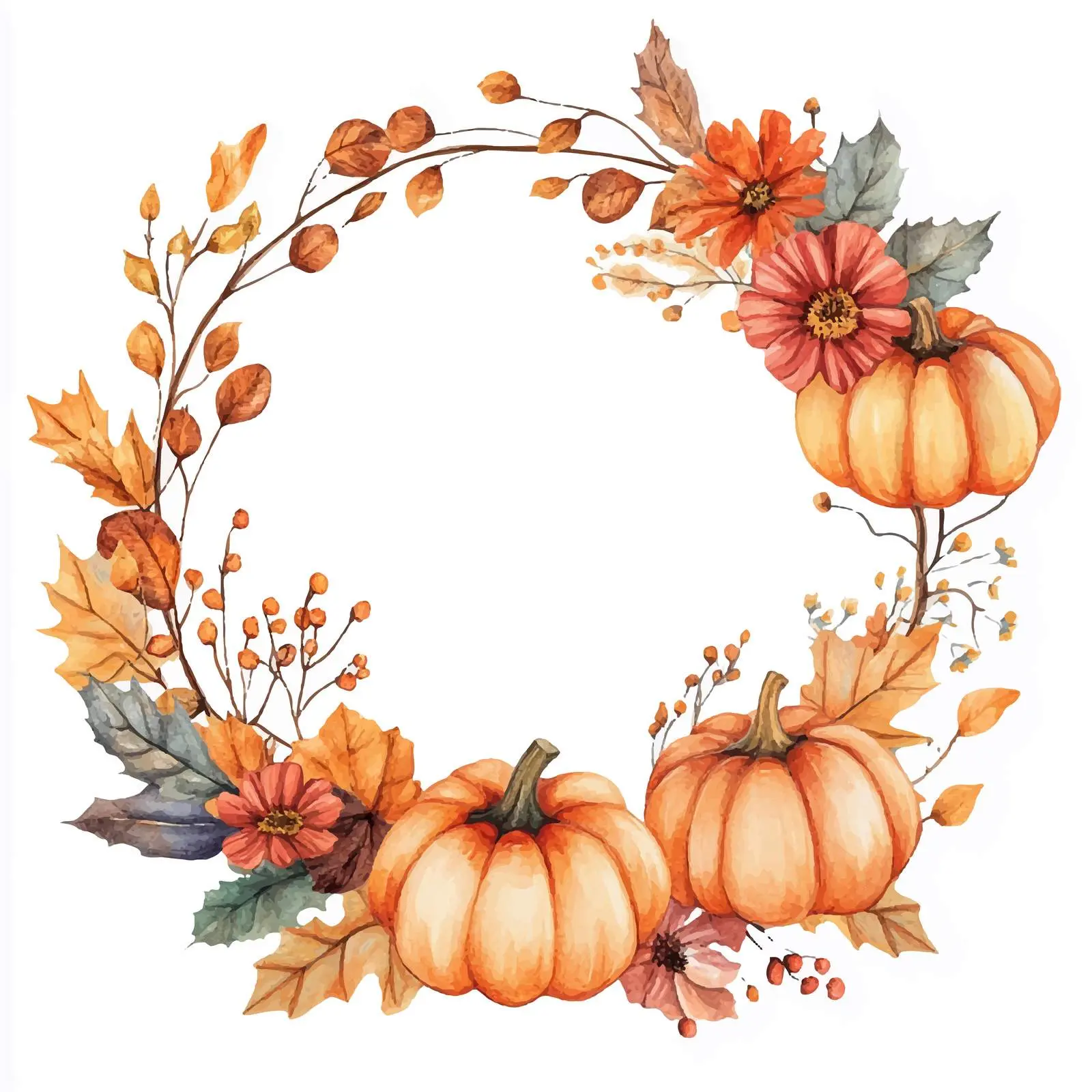 Watercolor Fall Wreath with Pumpkins and Leaves – free thankfulness image from Dotvec