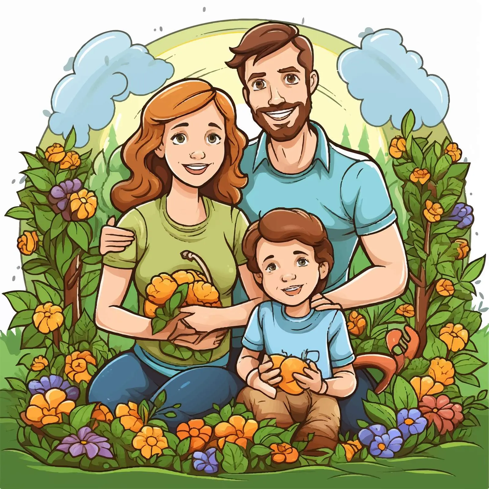Happy Family in Garden Vector Illustration — free download from Dotvec