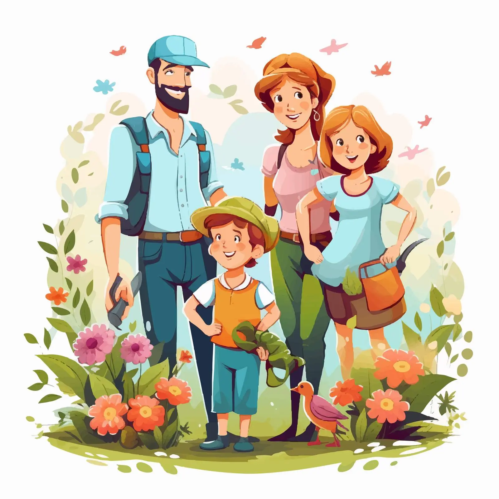 Happy Family in Garden Vector Illustration — free download from Dotvec