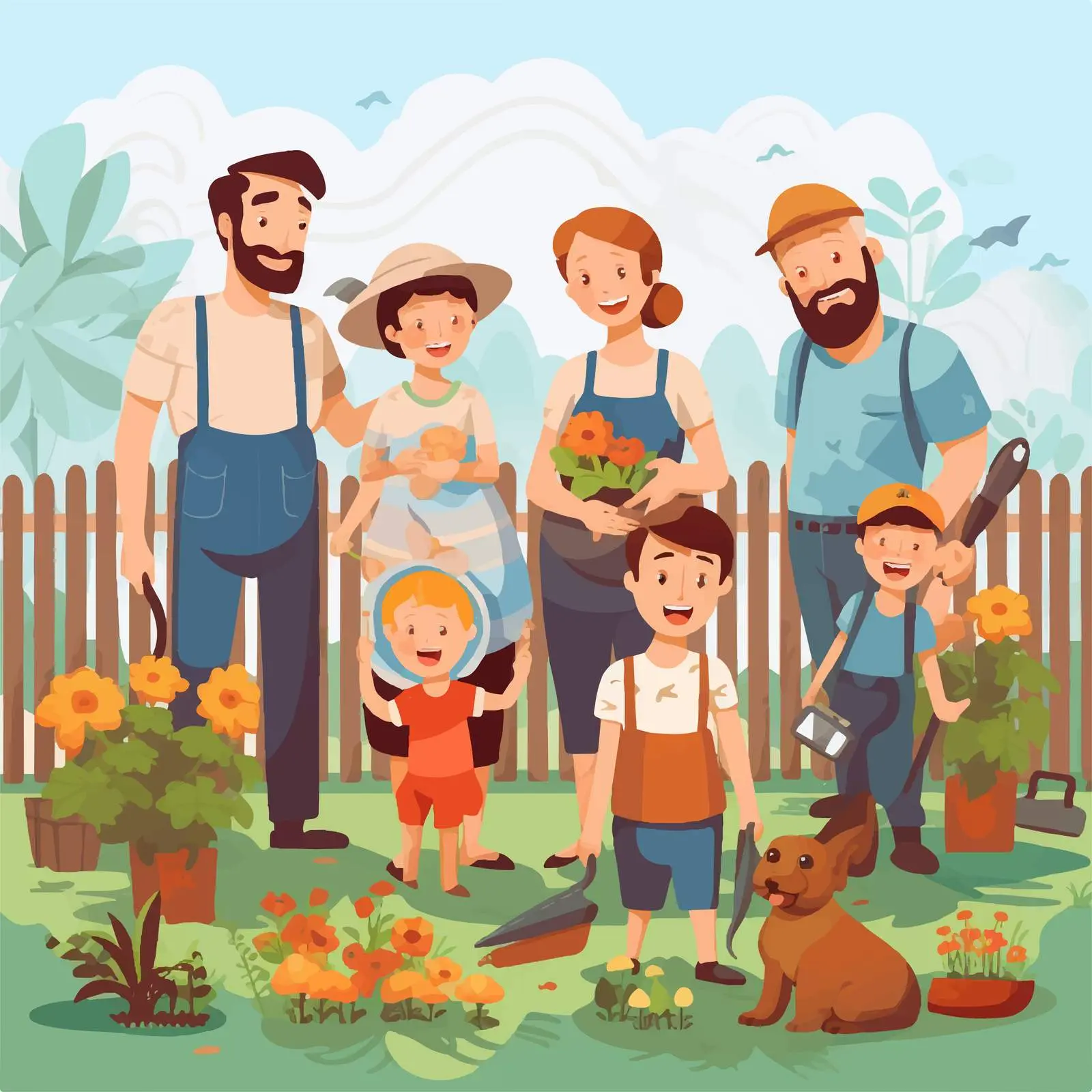 Happy Family Members in Garden Illustration — free download from Dotvec
