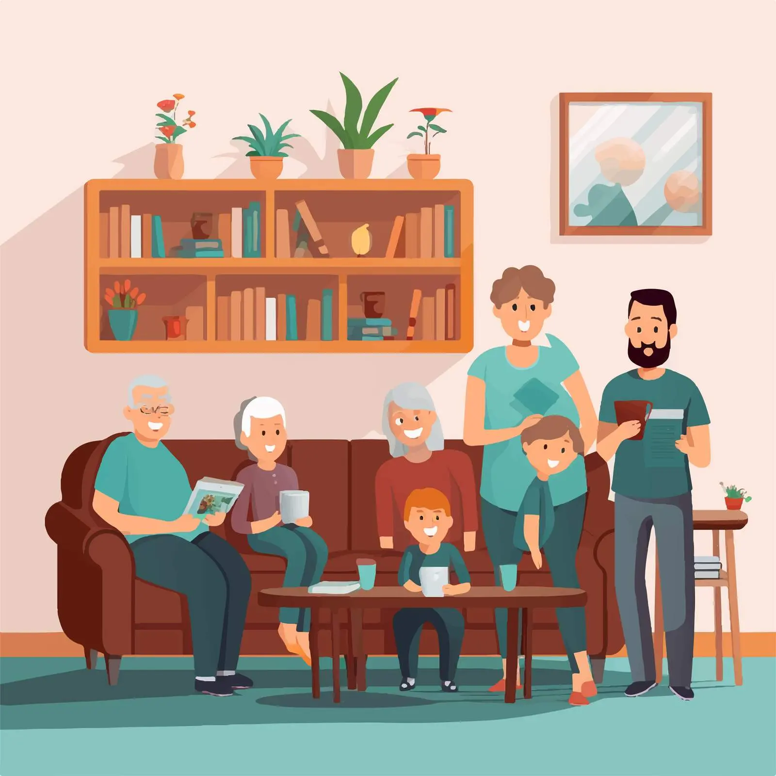 Family Gathering in Cozy Living Room Illustration — free download from Dotvec