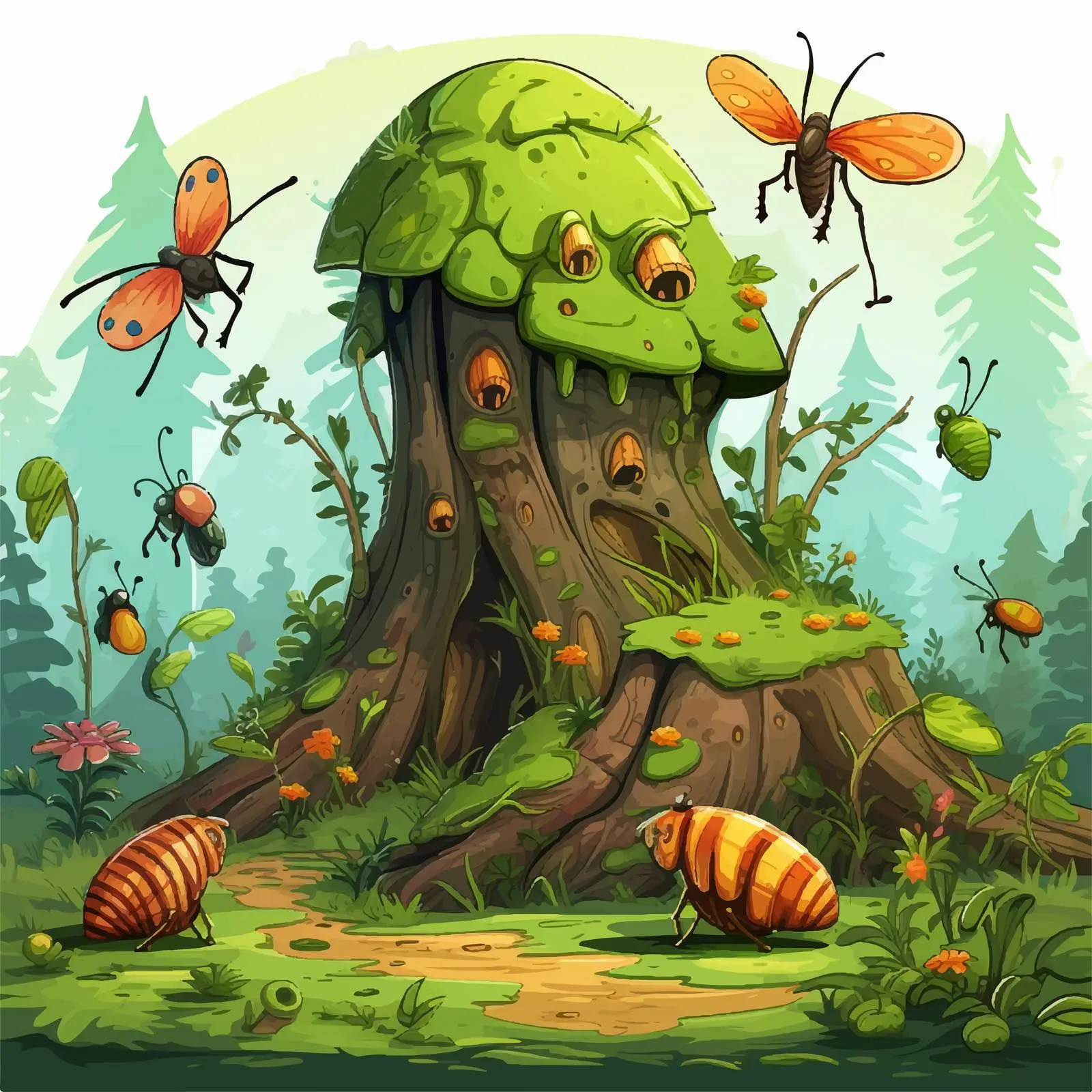 Cartoon Insects in Fantasy Forest Illustration — free download from Dotvec