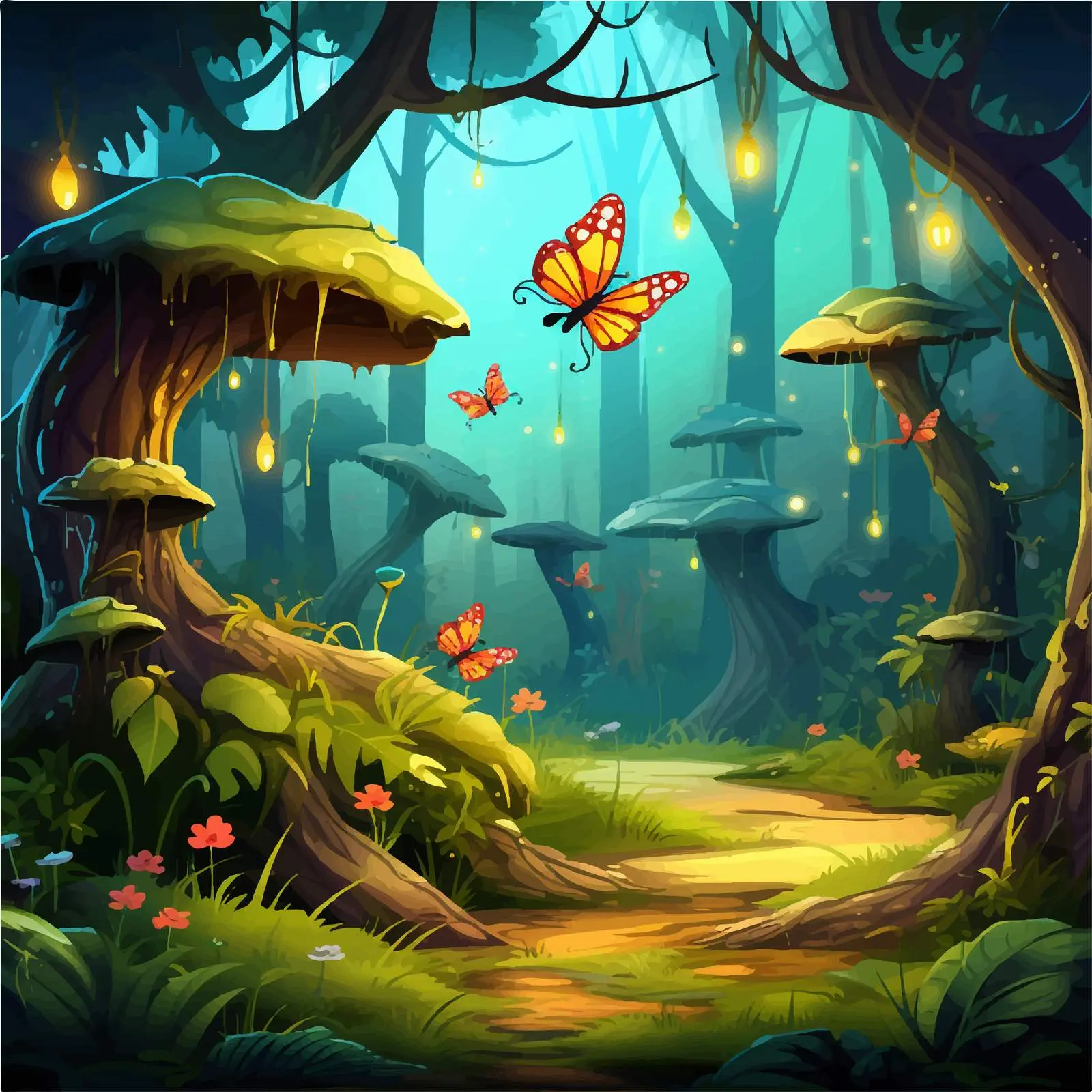 Cartoon Insects in Fantasy Forest Vector Illustration — free download from Dotvec