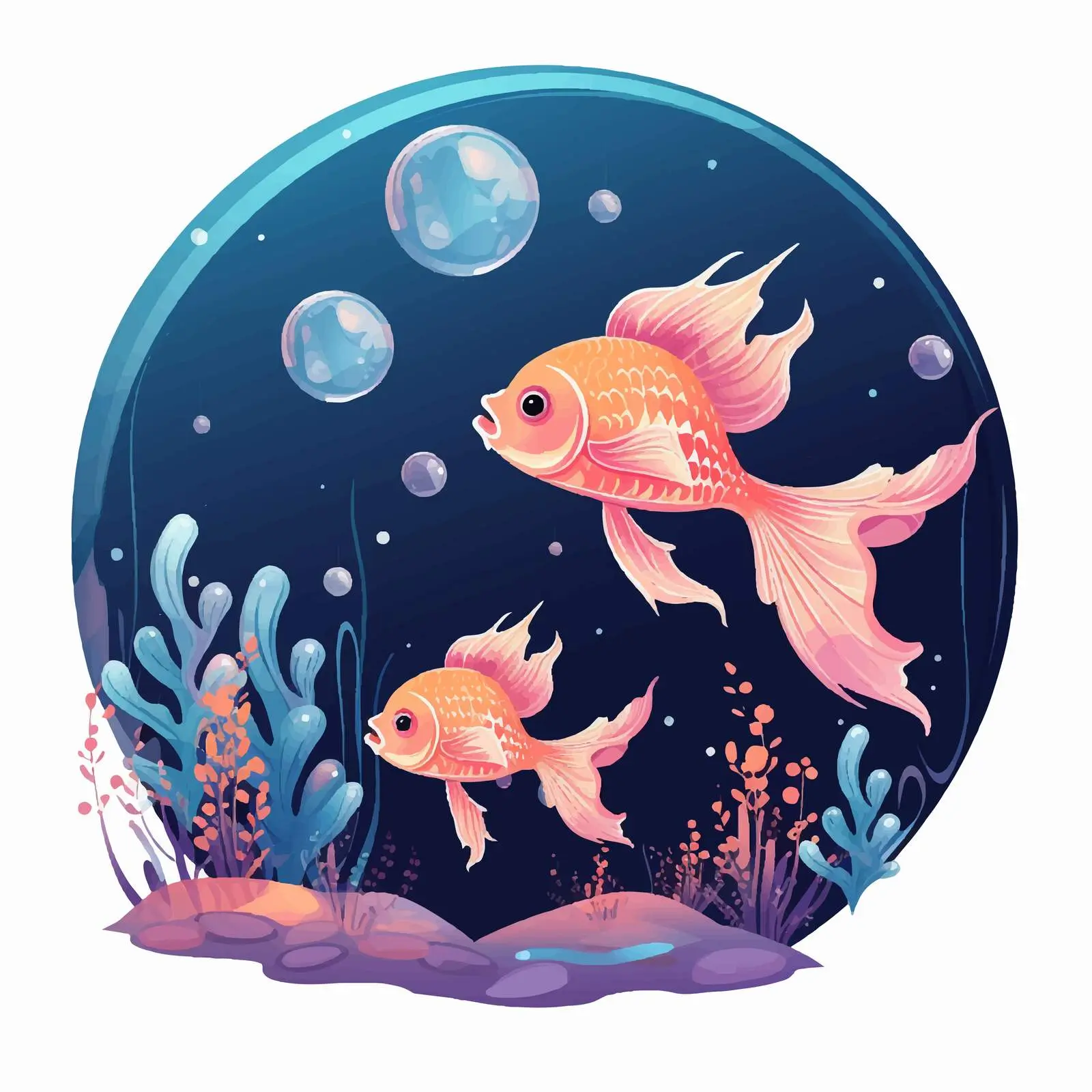 Calm Fantasy Night Illustration with Fish and Bubbles – free fantasy world image from Dotvec