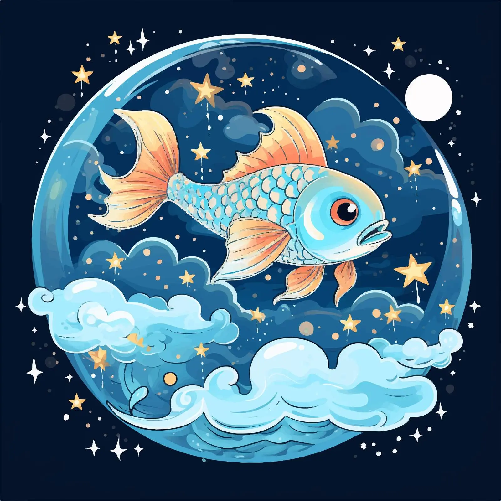 Calm Fantasy Night Illustration with Fish and Bubbles – free fantasy world image from Dotvec