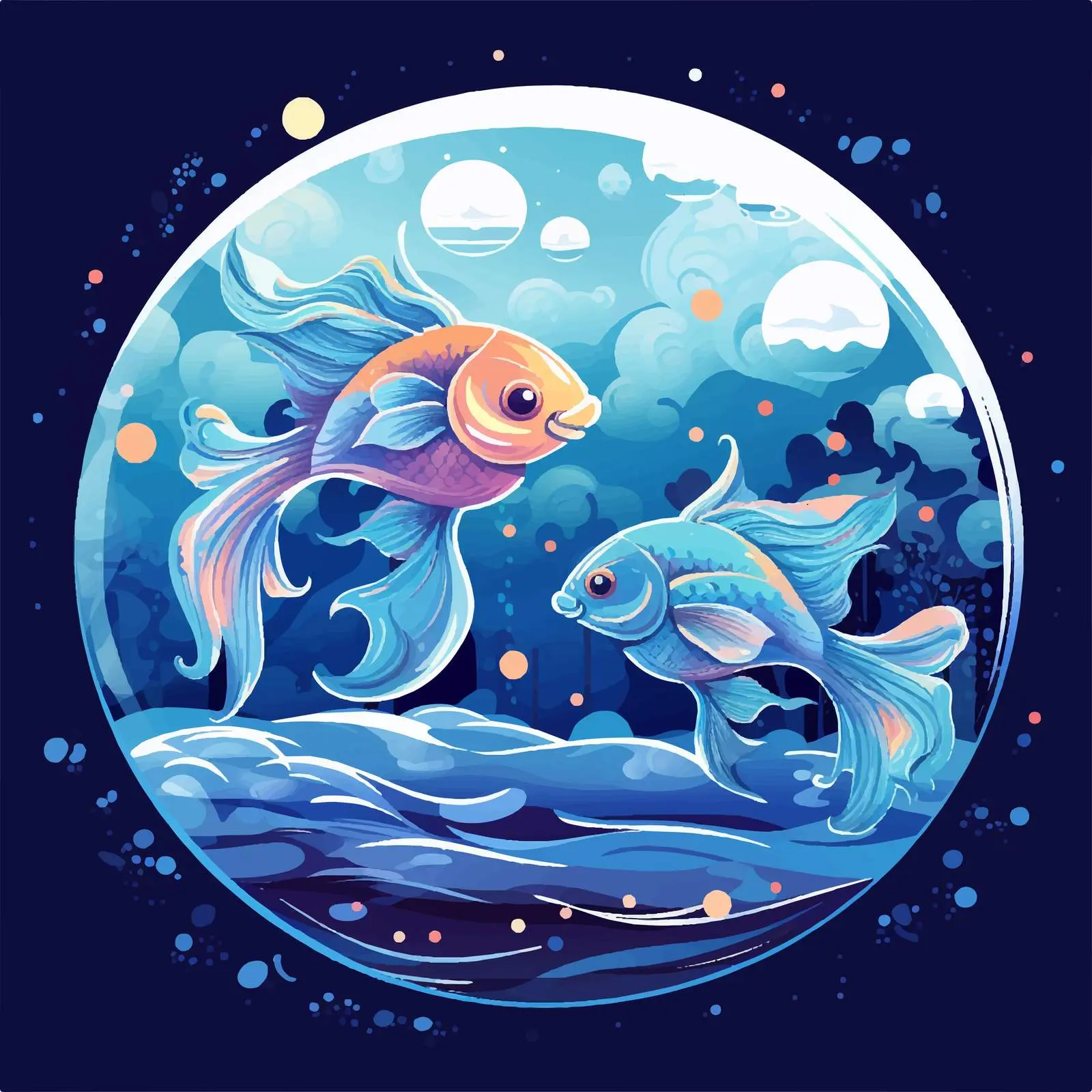 Calm Fantasy Night Illustration with Fish and Bubbles — free download from Dotvec