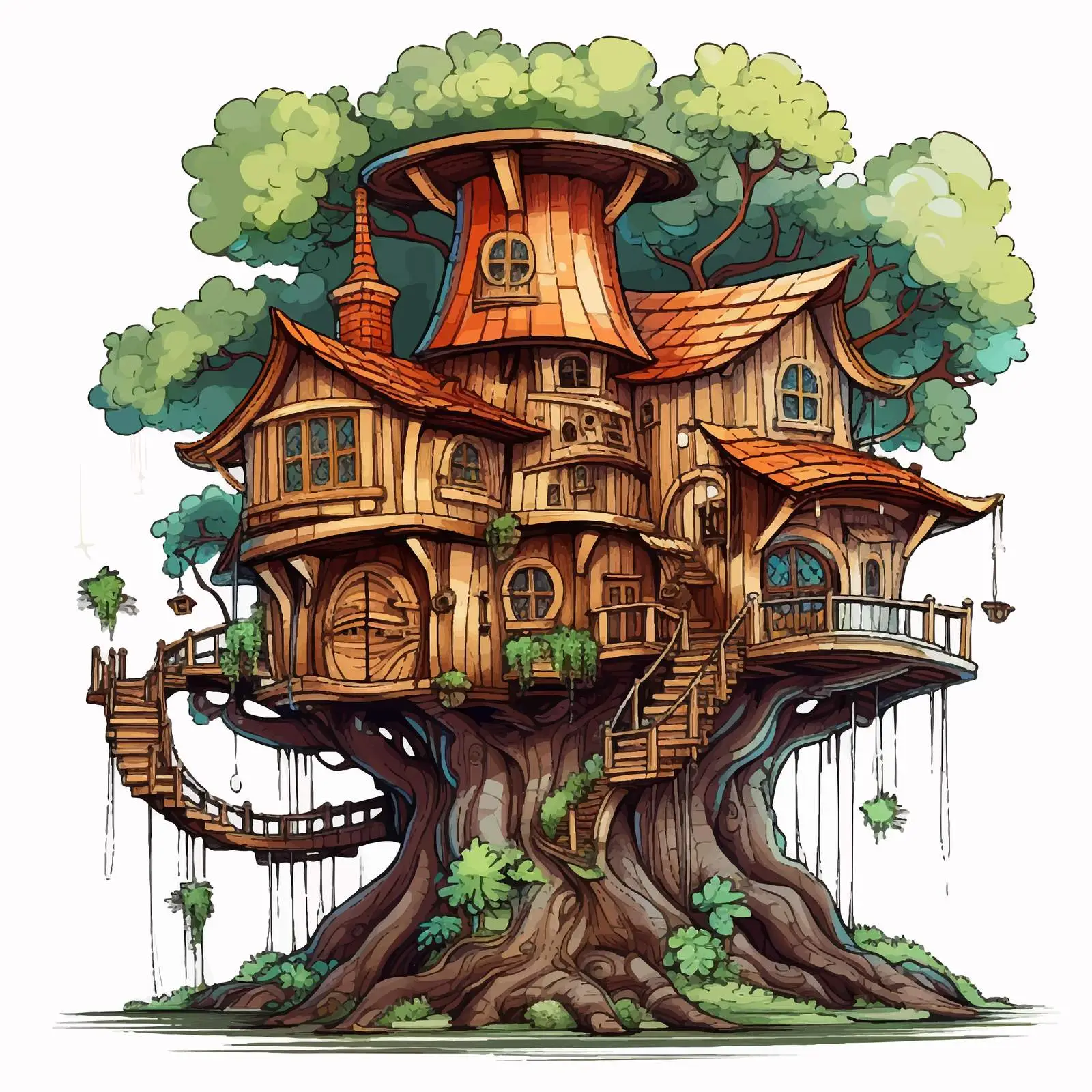 Fantasy Tree House in Forest Illustration — free download from Dotvec