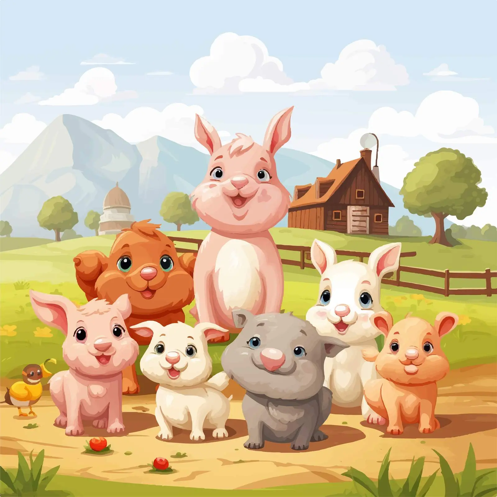 Cartoon Farm Scene with Rabbit Family and Pig — free download from Dotvec