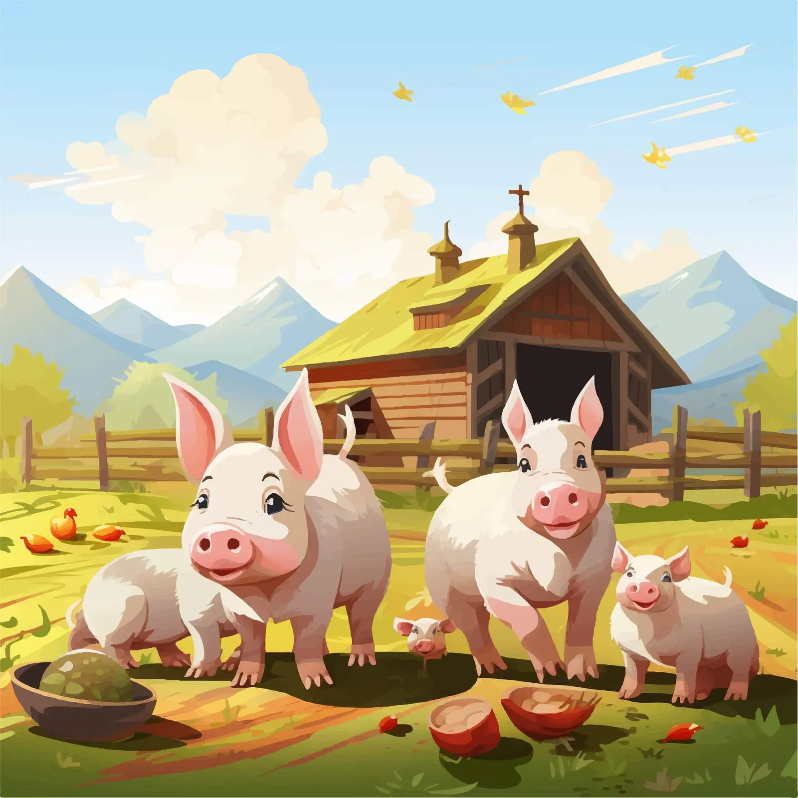 Cartoon Farm Scene with Rabbit Family and Pig — free download from Dotvec