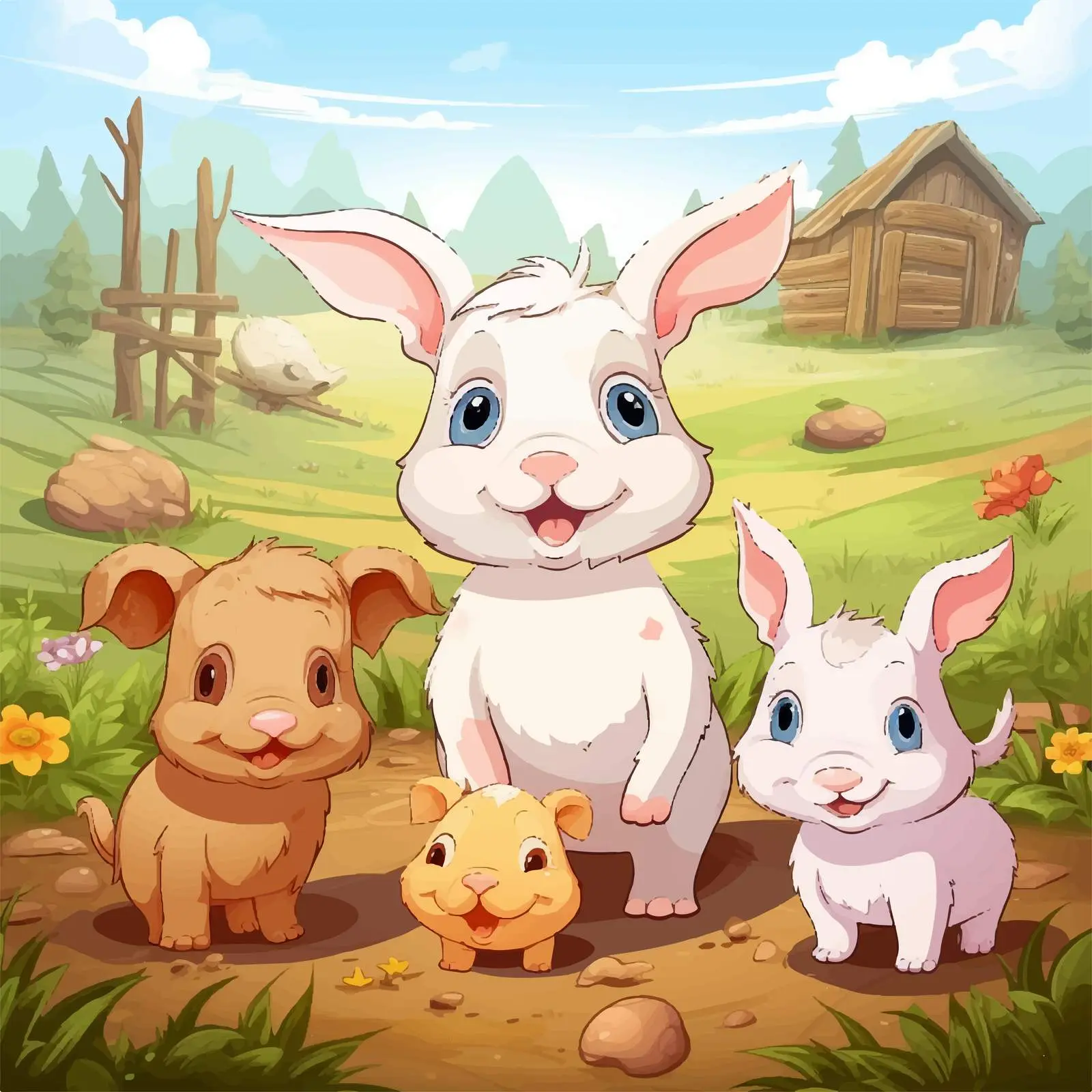 Cartoon Farm Scene with Rabbit Family and Pig — free download from Dotvec