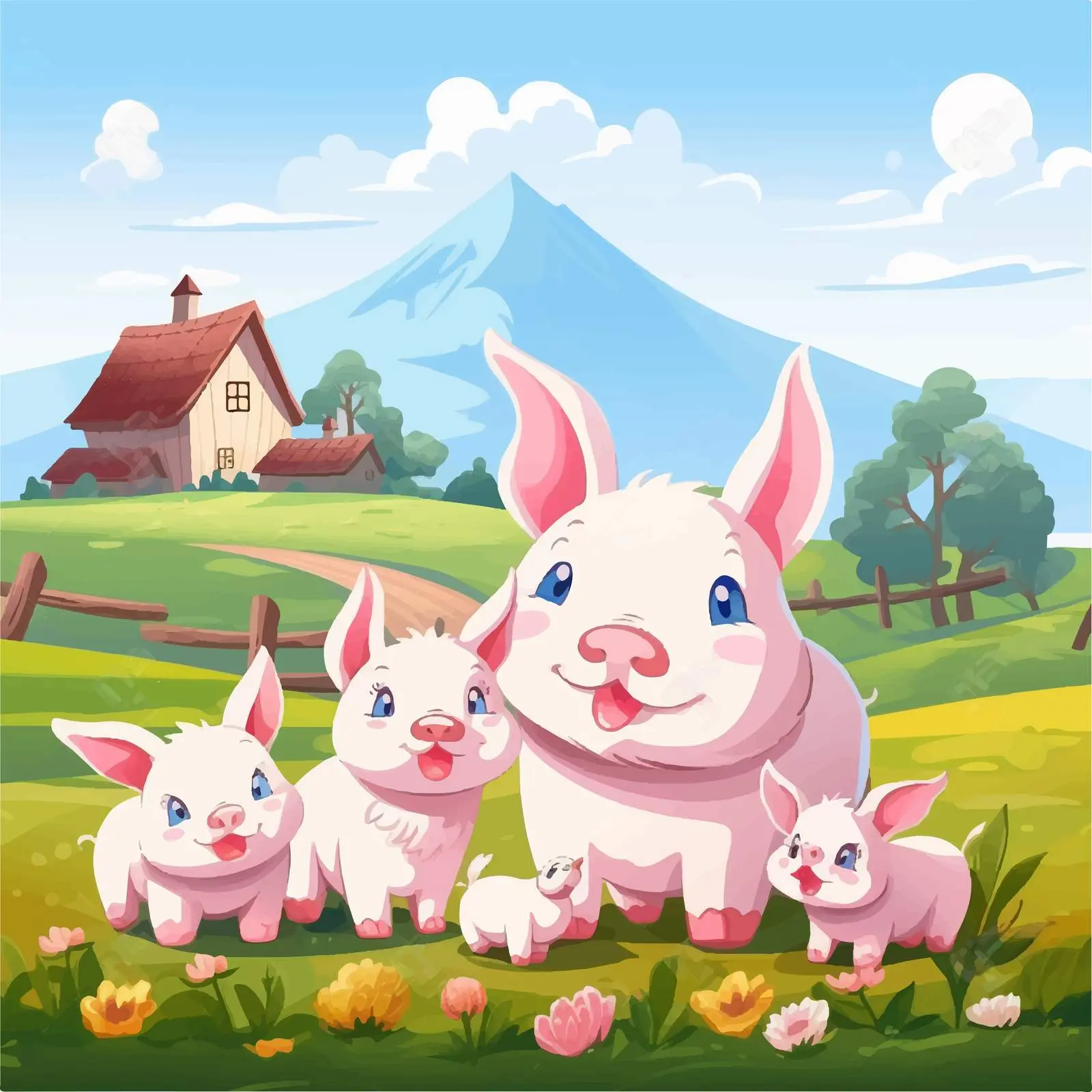 Daytime Farm Scene with Rabbit Family and Pig — free download from Dotvec