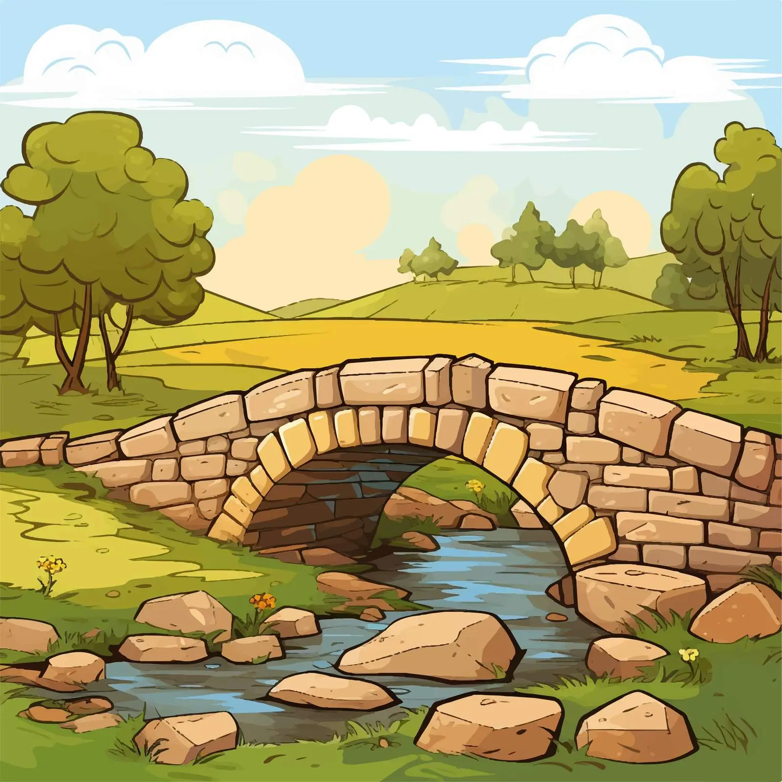 Farm Background with Stone Bridge Vector Illustration – free stone bridge image from Dotvec