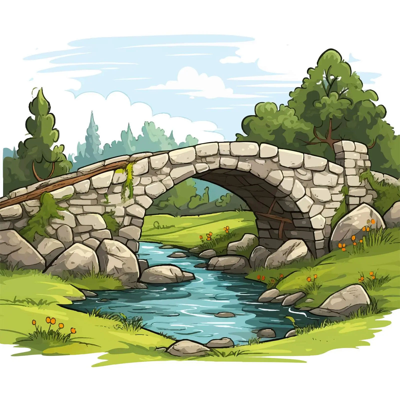 Farm Landscape with Stone Bridge Vector Illustration — free download from Dotvec