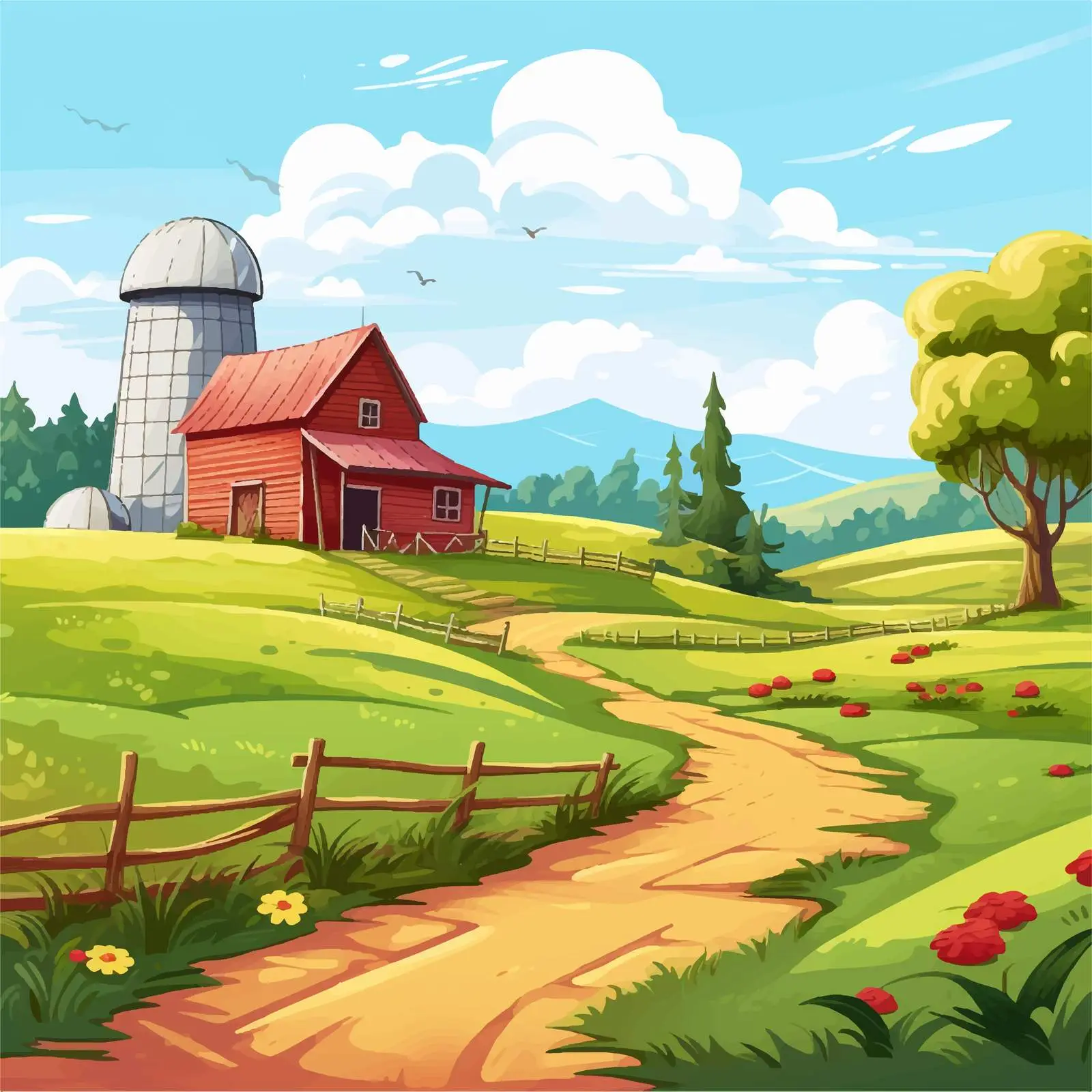Farm Scene with Barn and Farmhouse Illustration — free download from Dotvec