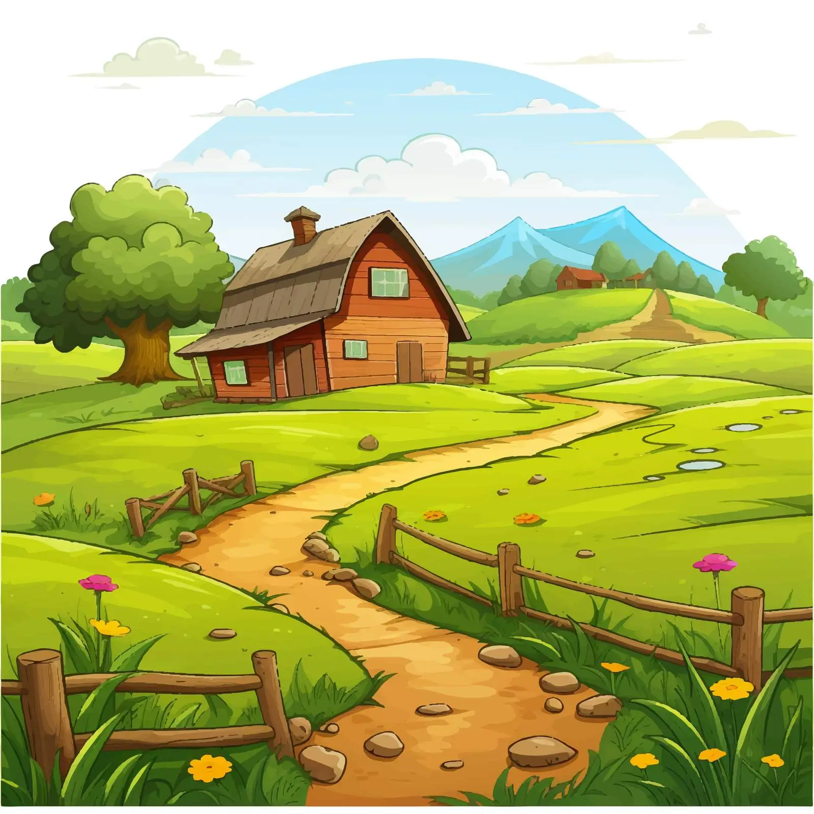 Farm Nature Scene with Barn and House Illustration — free download from Dotvec
