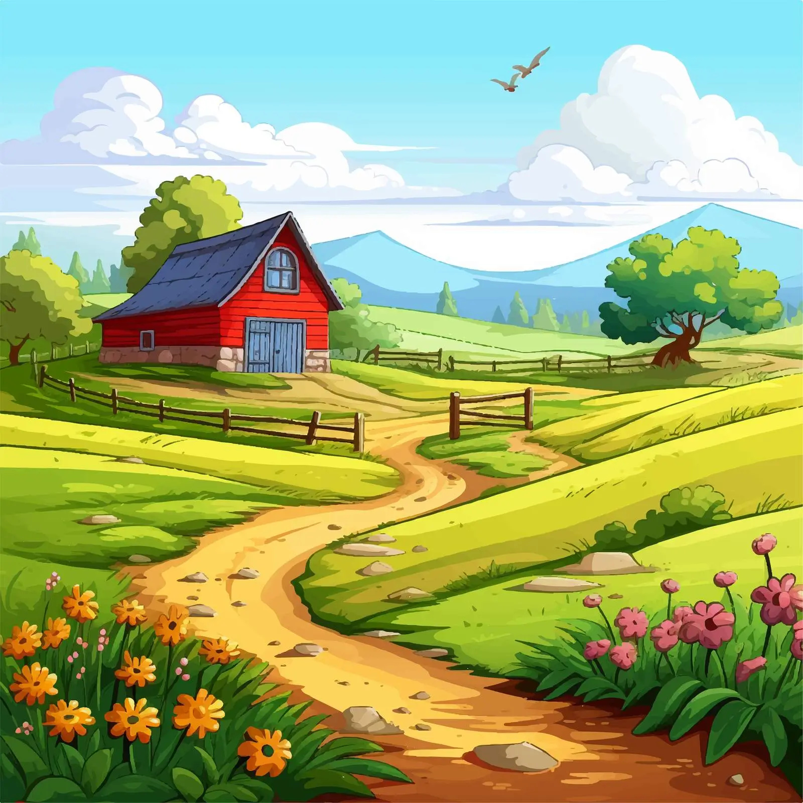 Farm Nature Scene with Barn and House Illustration — free download from Dotvec