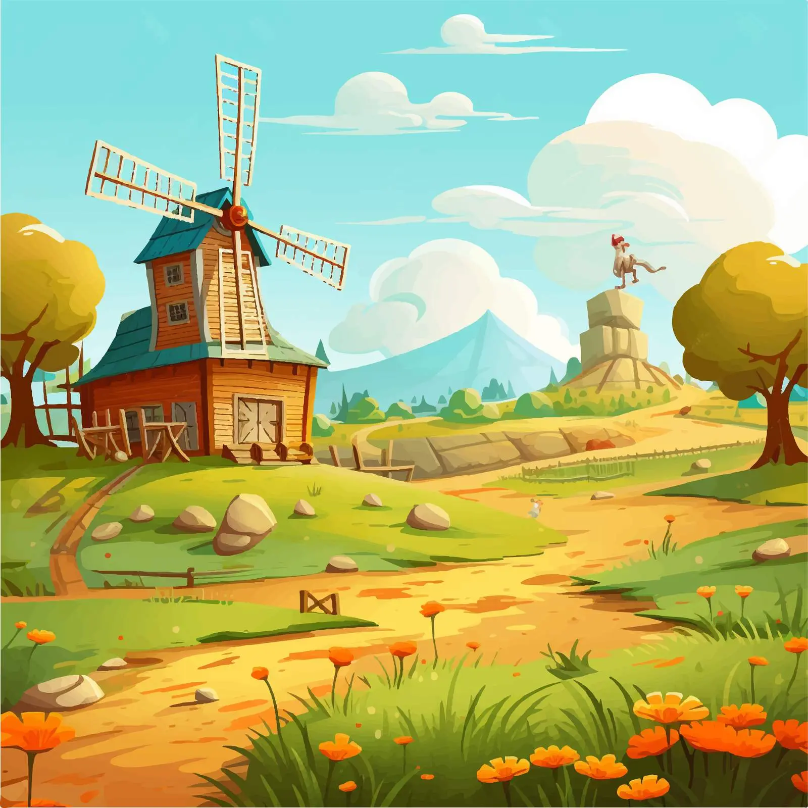 Farm Scene with Barn, Windmill, and Scarecrow — free download from Dotvec